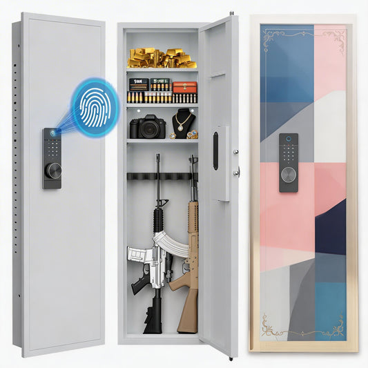 53.15" Hidden In-Wall Gun Safe with Fingerprint & Digital Keypad, Fireproof Heavy Duty Alloy Steel Wall Mounted Safe, Concealed Security Cabinet for Rifles, Pistols, Cash & Jewelry, White