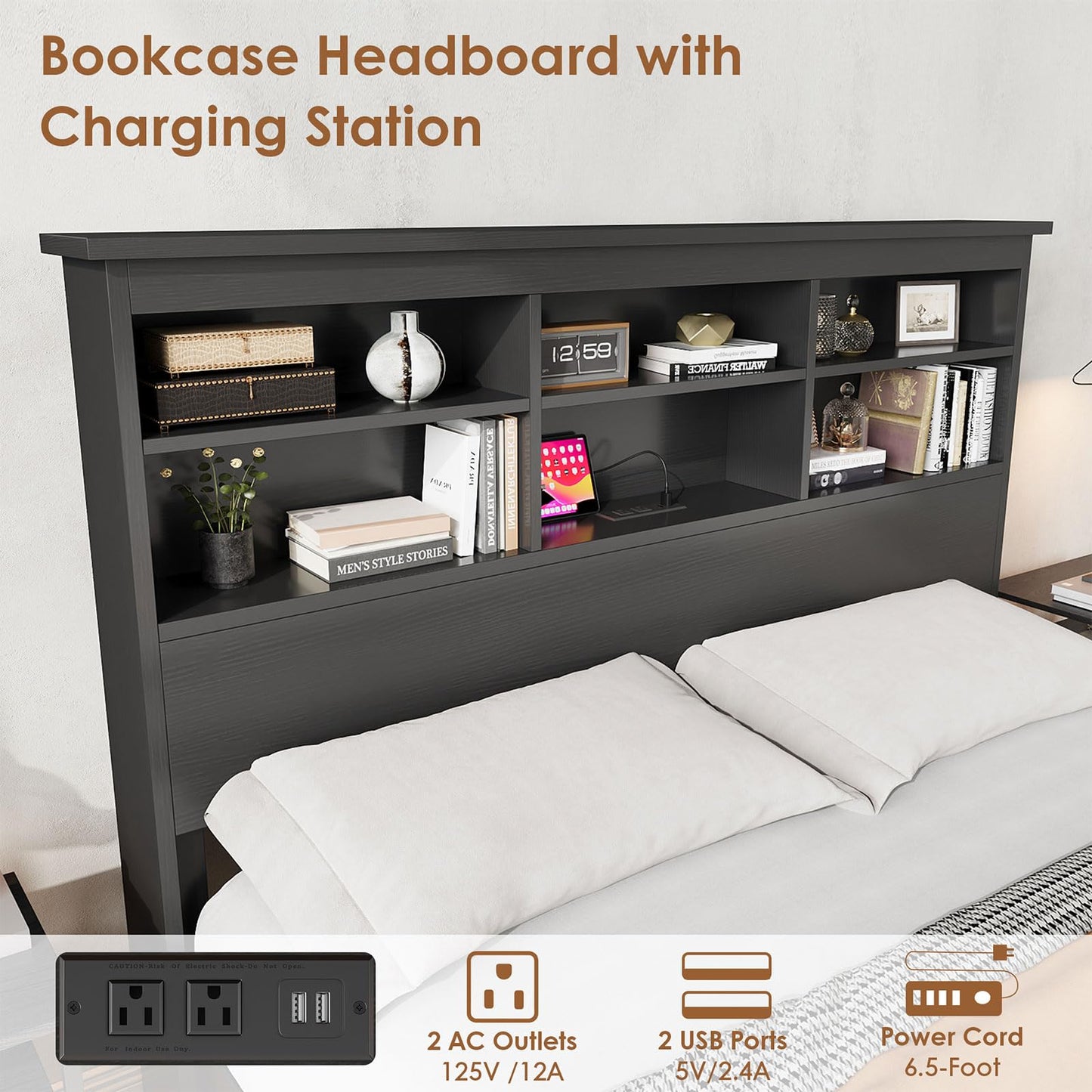 GarveeHome Queen Size Bed Frame with Bookcase Headboard, 2-Tier Storage Queen Platform Bed with Charging Station, No Box Spring Needed Easy Assemble Black Mattress Foundation for Bedroom