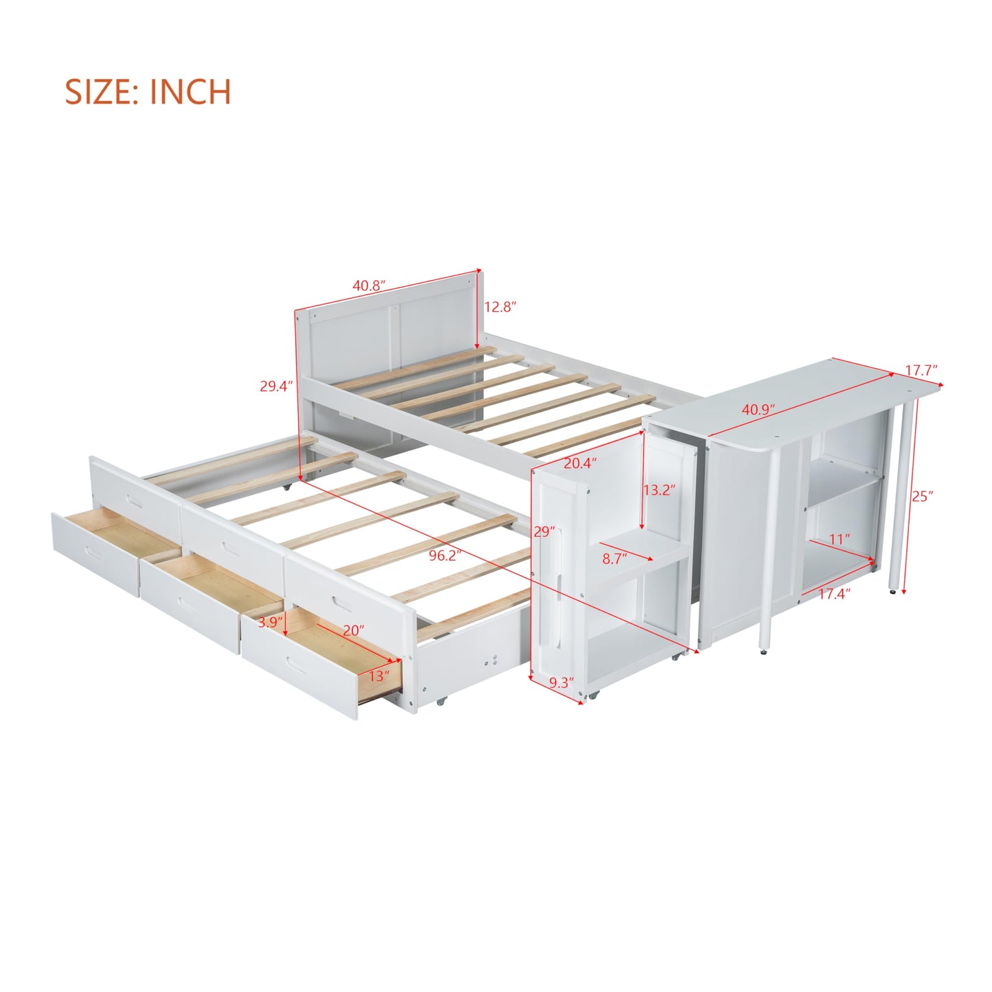 Merax Twin Size Platform Bed with Desk, Storage Shelf, 3 Drawers, Multifunctional Wood Bedframe with Trundle, No Box Spring Needed, Noise Free, White