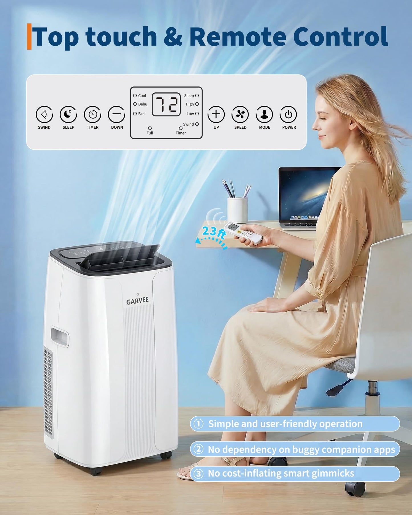 Garvee Portable Air Conditioner 14,000BTU, Remote Control, Portable AC Unit, Dehumidifier, Fan, 800Sq.Ft Cool/Dry/Swing/Child Lock,Quite,LCD Display,Fast Cool, Air Purification,1290W, CEER7.83,Black