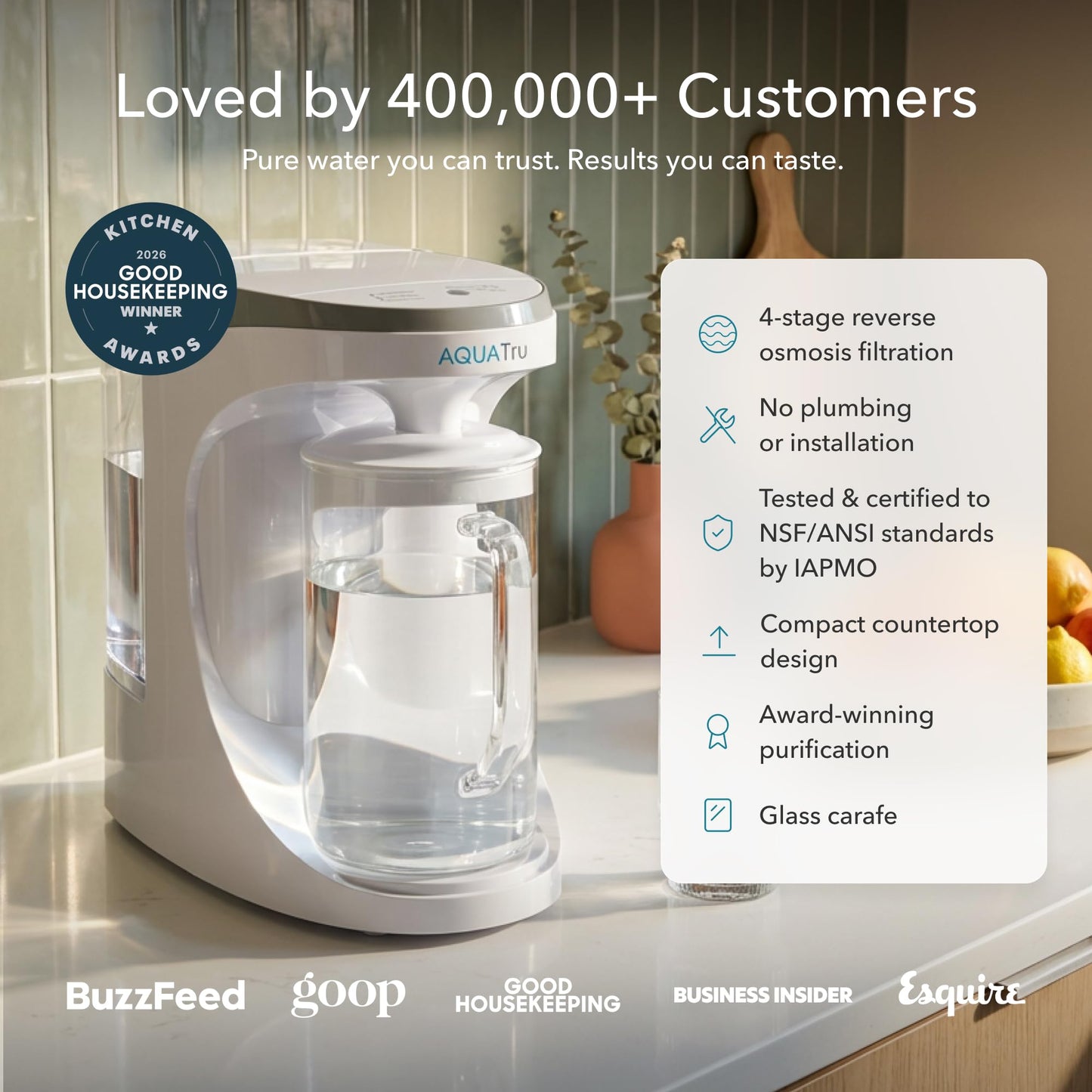 AquaTru Carafe Countertop Water Purifier | Compact 4-Stage Reverse Osmosis System with Glass Carafe Removes 84 Contaminants Including Forever Chemicals, Lead & Fluoride | No Plumbing