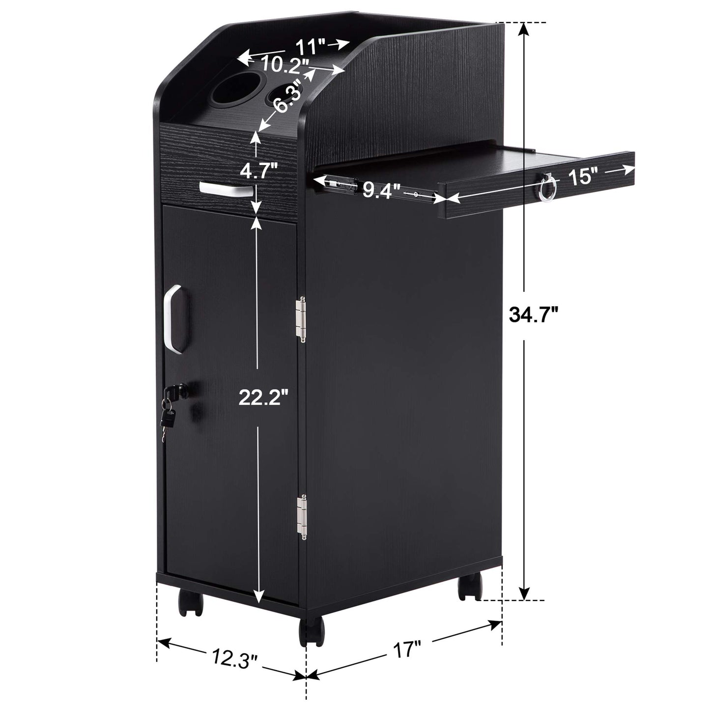 BarberPub Beauty Salon Trolley Storage Cart Hair Dryer Holder Stylist Equipment with Lockable Rolling Wheels, Drawer (Black)