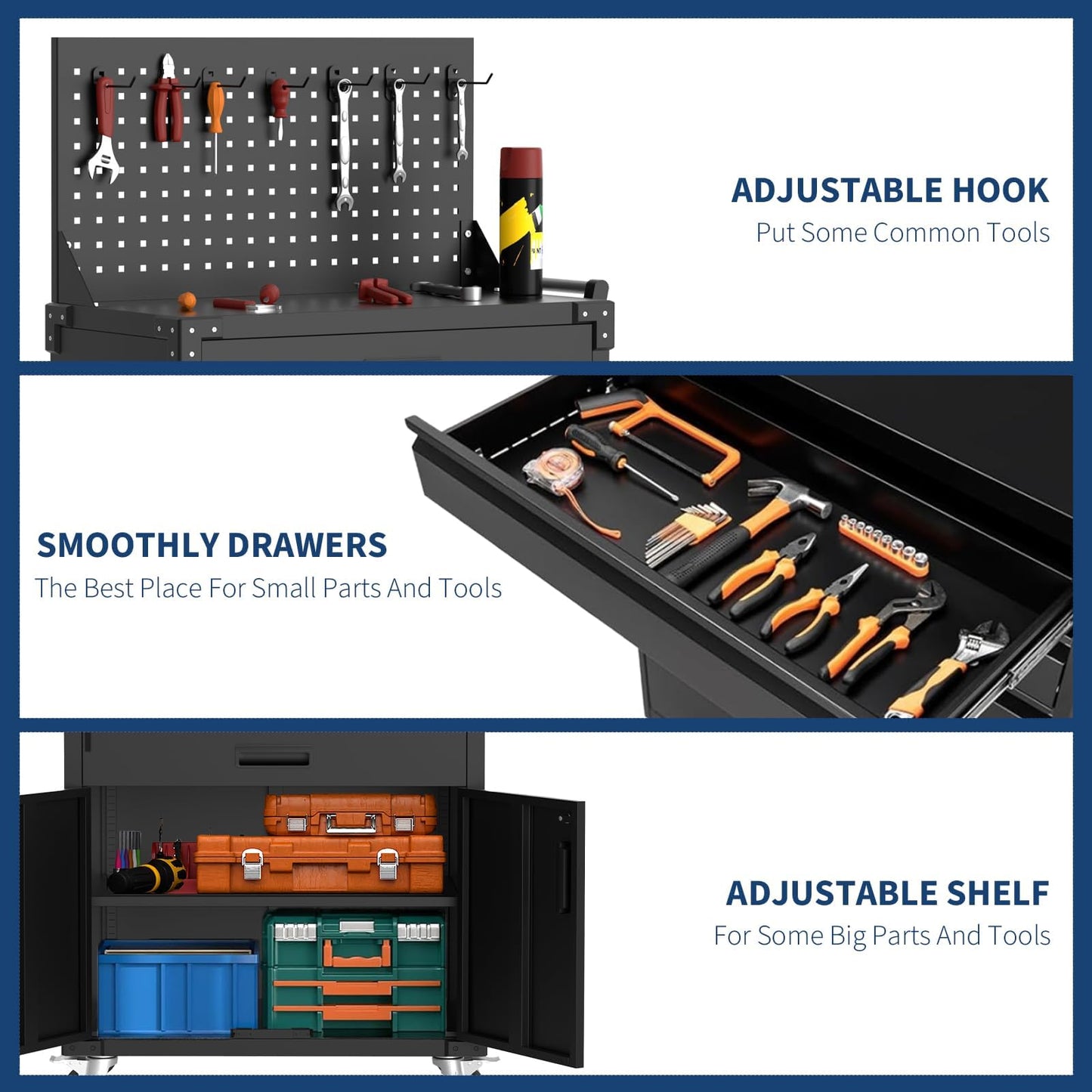 ExploreHorizon 35.4" Tall Steel Rolling Tool Cabinet, Heavy-Duty Mobile Workbench with 2 Deep Drawers, Pegboard, Adjustable Shelves & Locking Casters, Garage Workshop Warehouse Storage Organizer