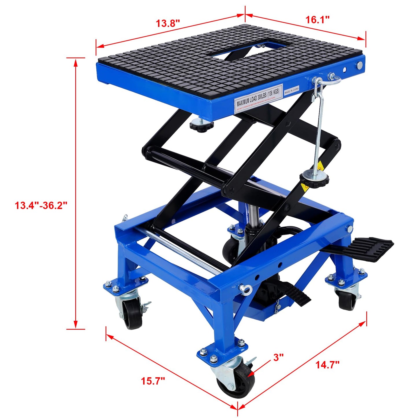 YOPTO Hydraulic Motorcycle Lift Table,300 lbs Capacity Motorcycle Scissor Jack Lift with Wide Deck,Motorcycles Stand W/ 4 Wheels,Hydraulic Foot-Operated Jack Stand for Small Dirt Bikes,Blue