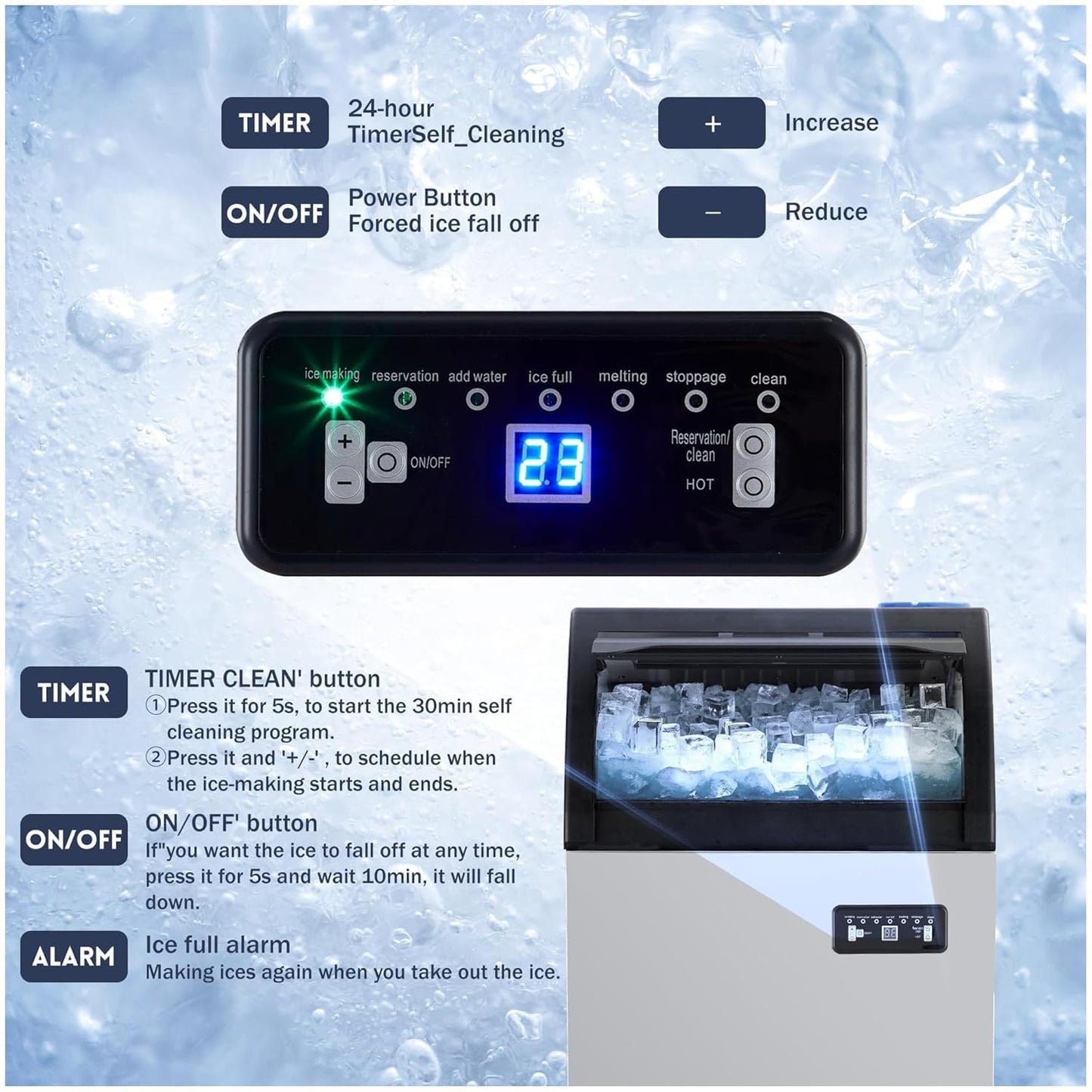 Commercial Ice Maker Machine with 120lbs/24H Production, 33lbs Ice Storage, Freestanding Stainless Steel Under Counter Design, Automatic Cleaning Function, for Home, Bar, Cafe, Restaurant