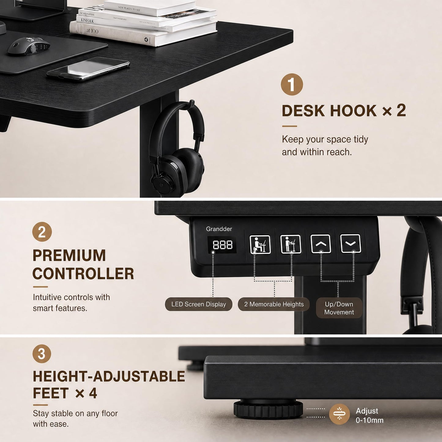 Grandder 55x32 Large Electric Standing Desk, Height Adjustable Computer Desk with 2 Memory Presets, 31.5" Deep Desktop Sit Stand Desk Home Office Desk Workstation Table with Hooks, Black