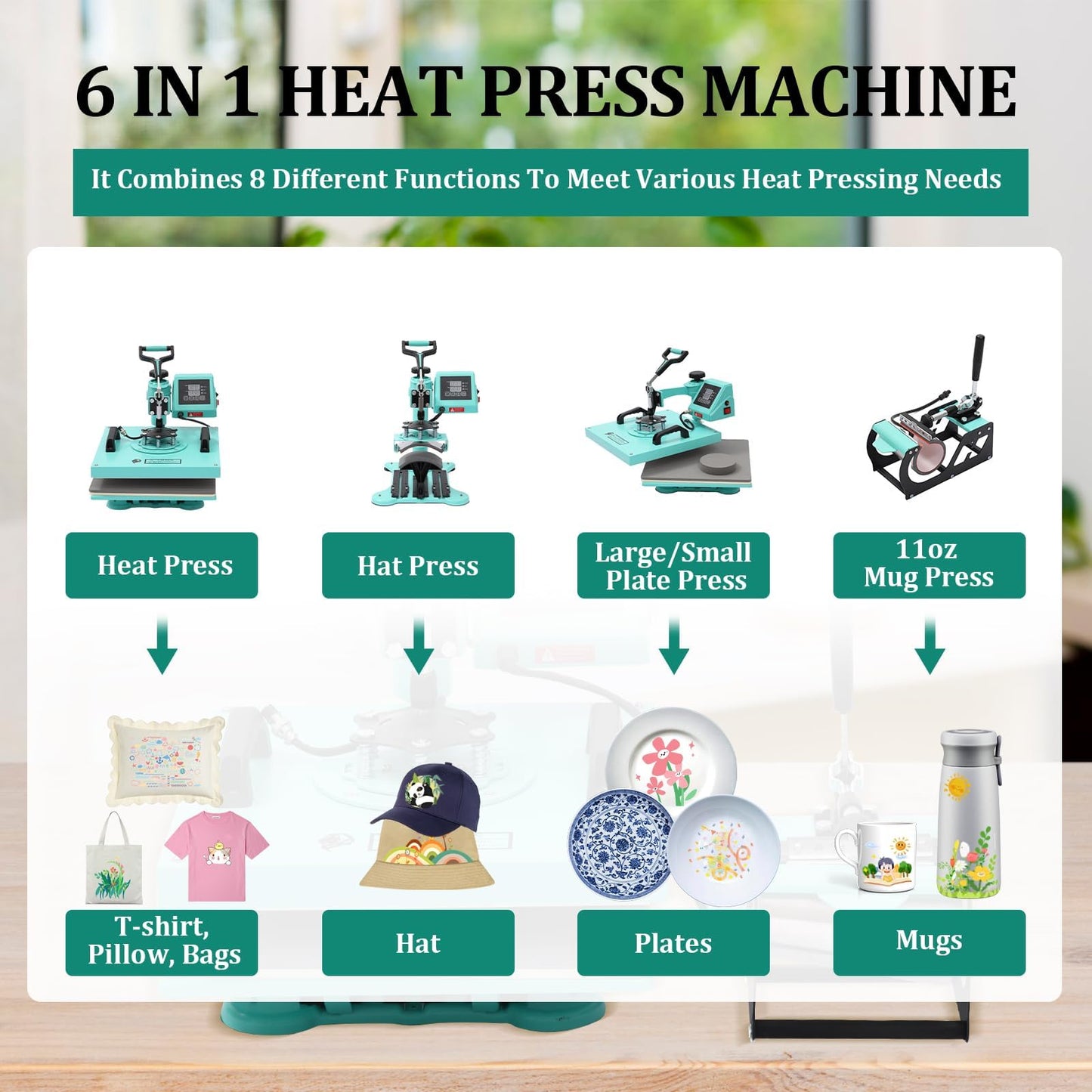 6 in 1 Heat Press Machine 15x15in, Digital Sublimation Combo, 360° Swing Away, Adjustable Temp & Pressure, Fast Heating, Mug Press for T Shirts, Hats, Mugs, Plates