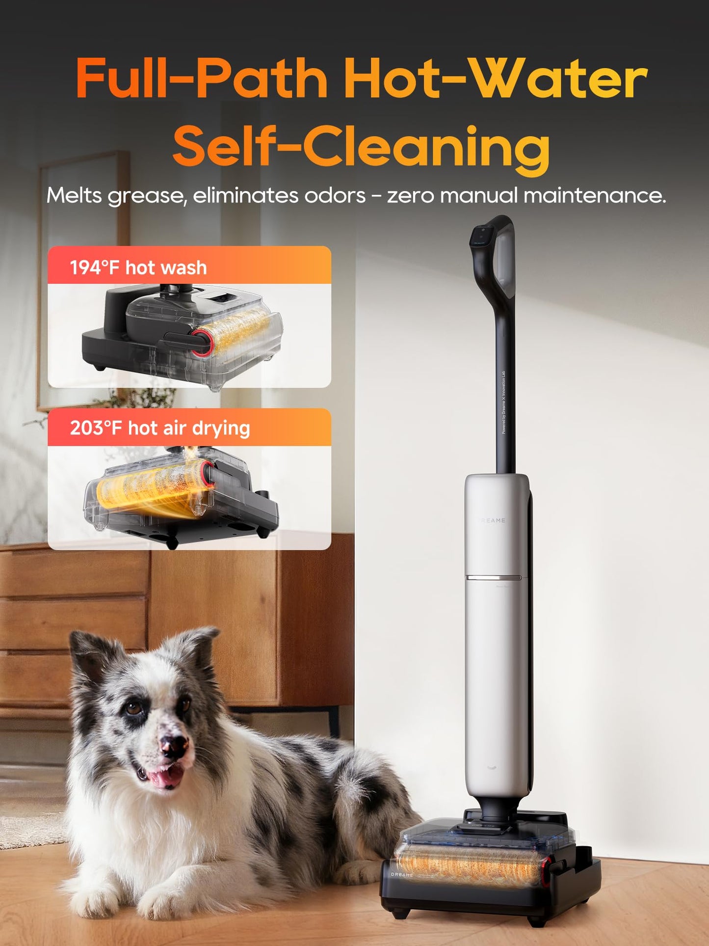 DREAME Aero Pro Wet Dry Vacuum Mop, Ultra-Slim with Hot Self-Cleaning/Self-Drying, 0 Hair Tangle Great for Pet Owner, Powerful Wet Dry Vacuum with 60min Runtime, Pick-up & Mop at The Same Time