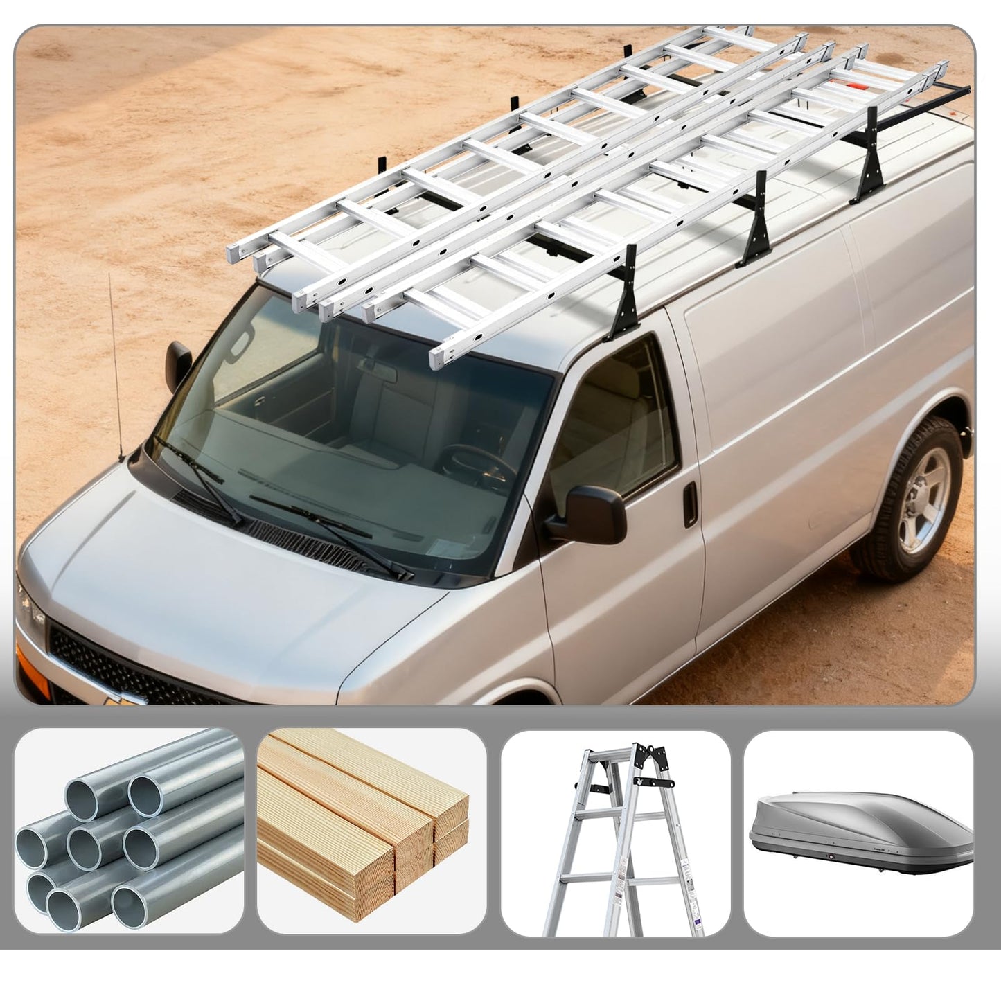 hightall Universal Van Ladder Rack with Roller,Adjustable Length 57-70" with Cargo Stoppers for Van with Rain Gutter,Compatible with Chevy Express 1500 2500 3500 Ford Econoline GMC Savana