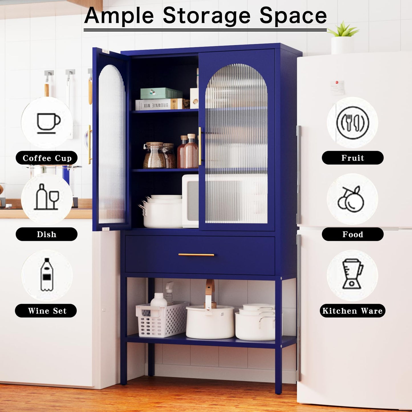 ALBAD 63 Inch Tall Metal Pantry/Display/Storage Cabinet with Fluted Glass Doors and Drawer & Adjustable Shelf for Modern Home Office Living Room Kitchen Blue