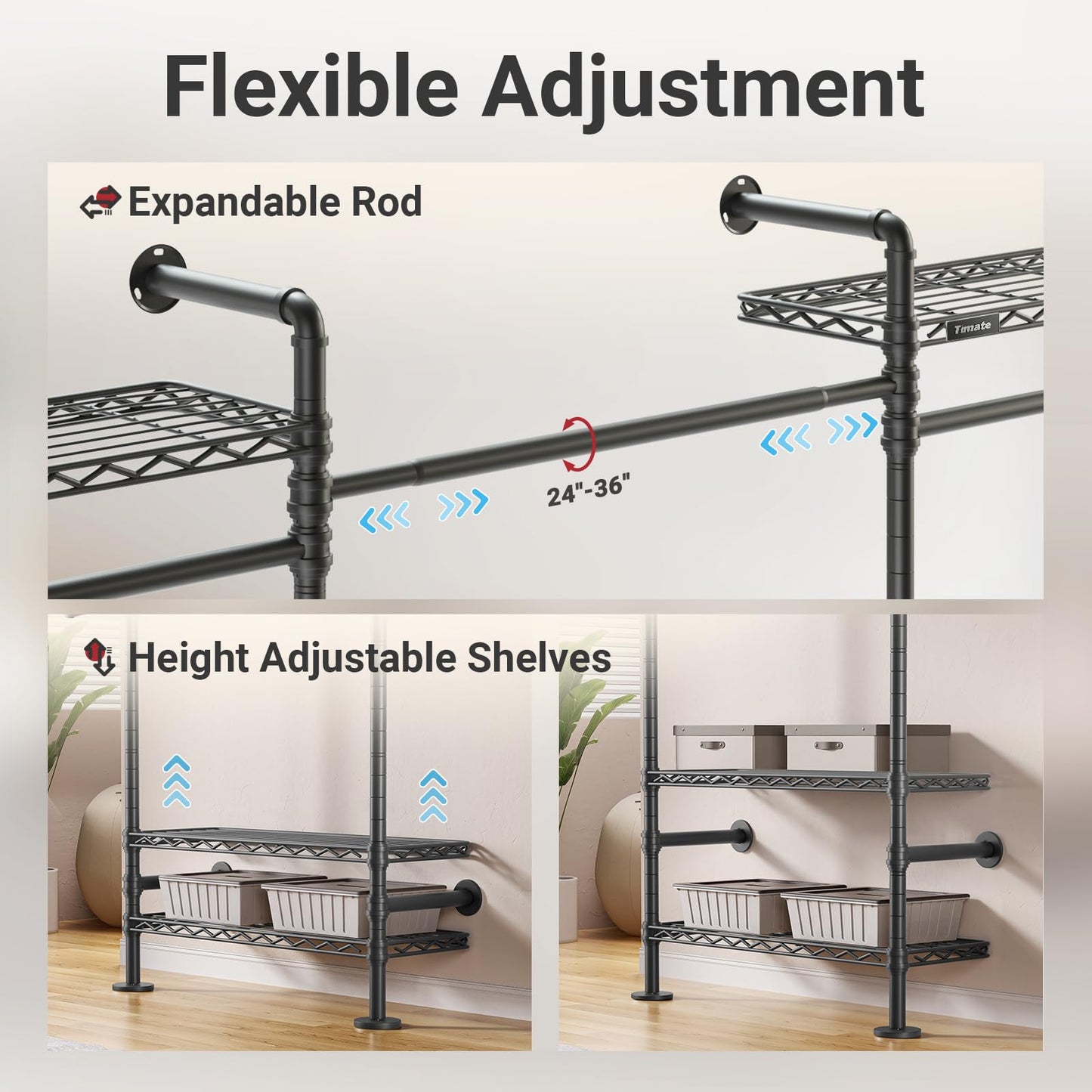 Timate F4 Wall Mounted Clothes Rack Industrial Pipe Clothing Rack for Hanging Clothes, Expandable Garment Rack Heavy Duty Wardrobe Closet Organizer and Storage, Black Adjustable Industrial Closet Kit