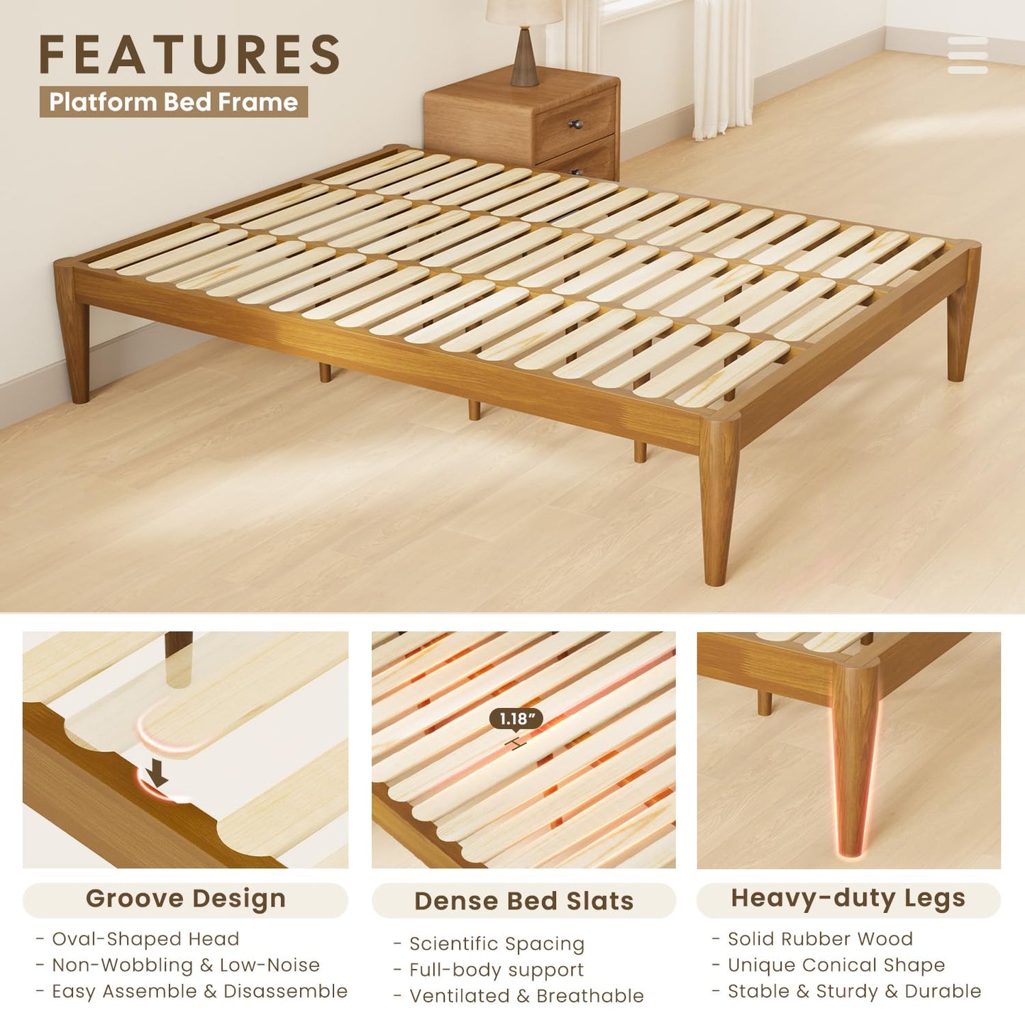 IOTXY Full Platform Bed Frame - Solid Wood 16-Inch Height Mattress Foundation Base with Densely Slats and Heavy-Duty Support Legs, No Box Spring Needed, Teak