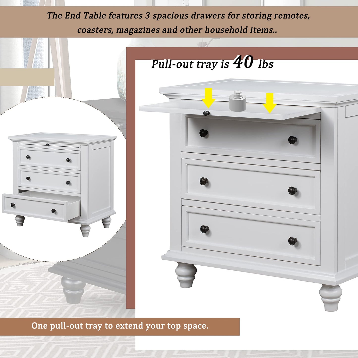 Merax Wood Nightstand with 3 Storage Drawers, Bedside End Table with Pull Out Tray, White (No Guide Rails)