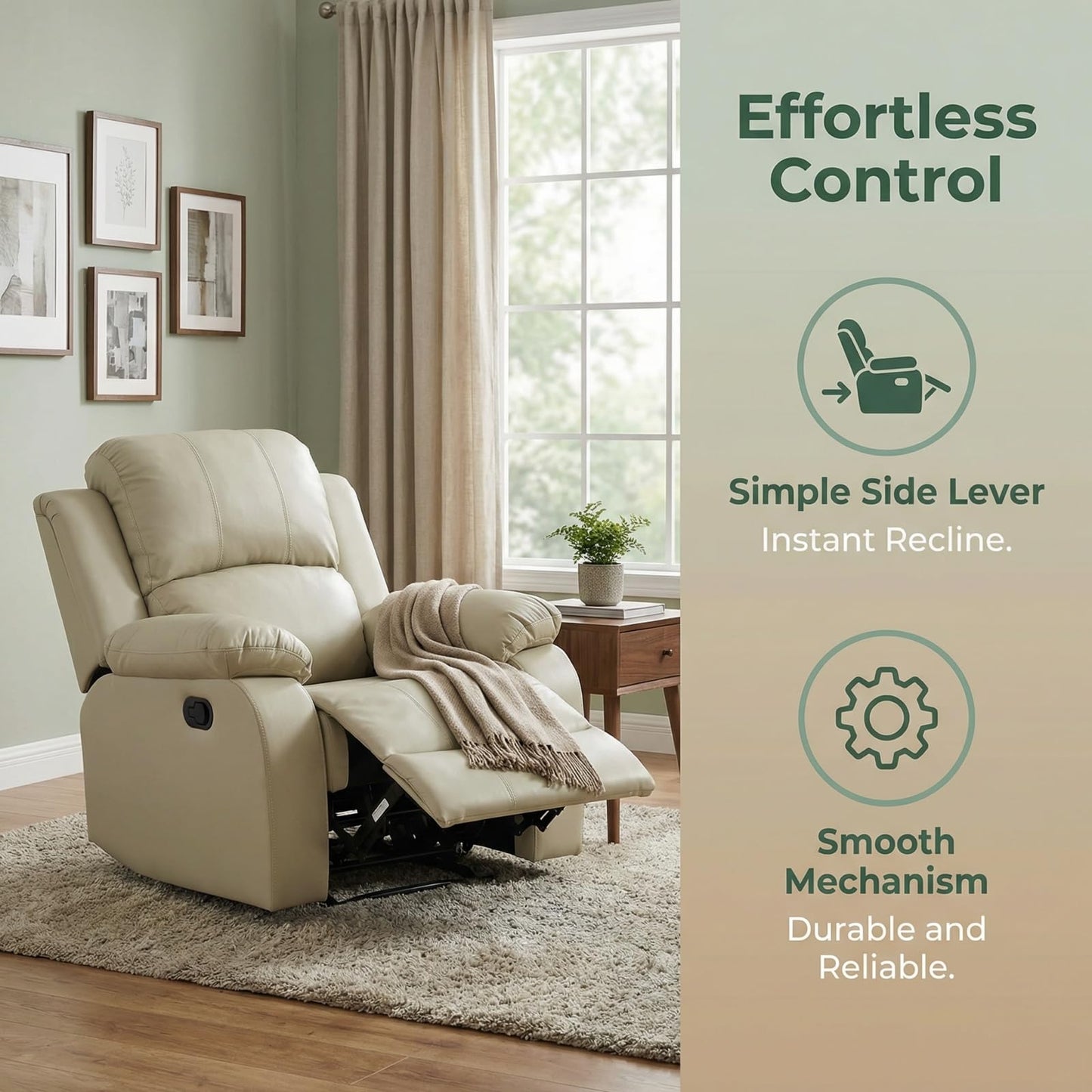 Trygoal Leather Recliner Sofa Set, Living Room Furniture Set, Adjustable Backrest Reclining Loveseat Sofa with Convertible Middle Coffee Table, Manual Recliner Chair for House, Home Theater, Beige