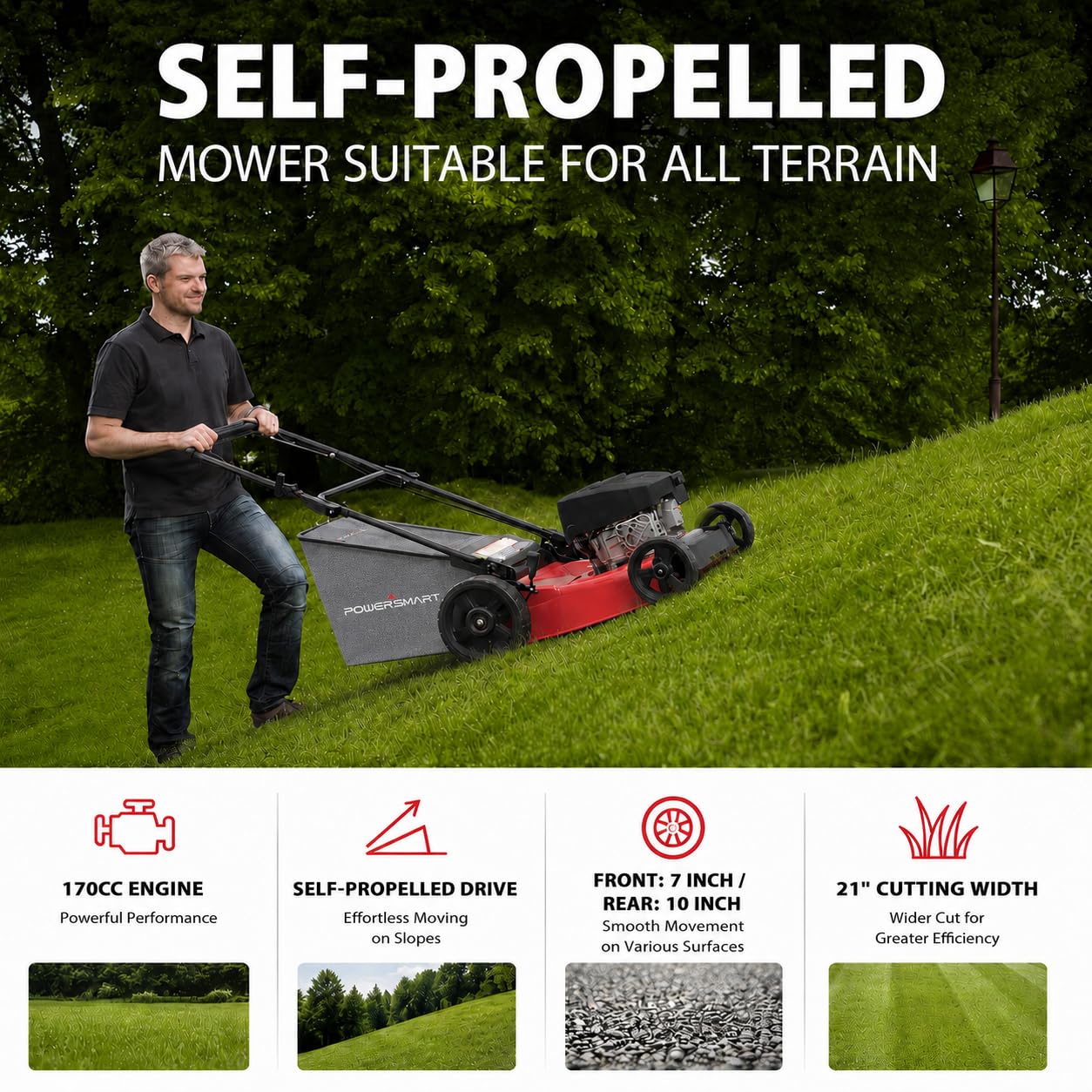 PowerSmart 21-Inch 3-in-1 Gas Self-Propelled Lawn Mower,170CC OHV Engine,Bagging/Mulching/Rear Discharging, 6 Cutting Heights, Durable Steel Deck, Rear-Wheel Drive, for Garden, Yard,