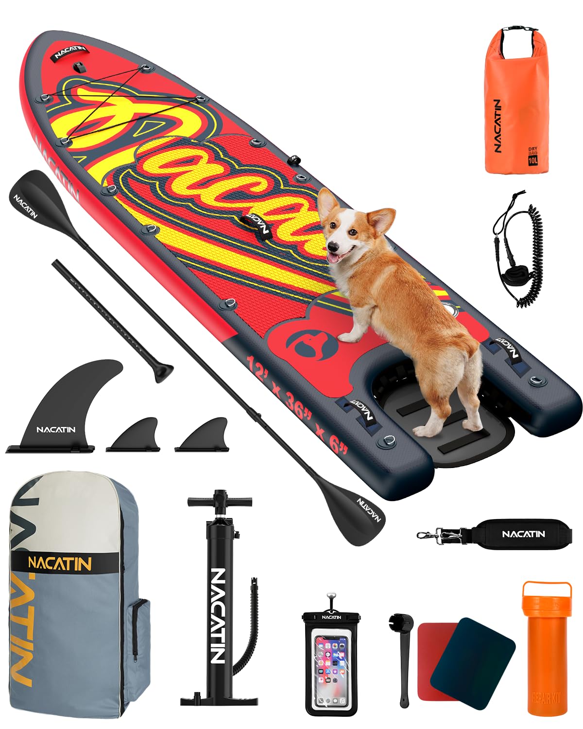 NACATIN Inflatable Stand Up Paddle Board - Premium SUP Board with Dog Ramp Kit,Complete SUP Set Paddle Boards for Adults with Single/Double Paddle, Backpack, Suitable for Paddle Boarding with Dog