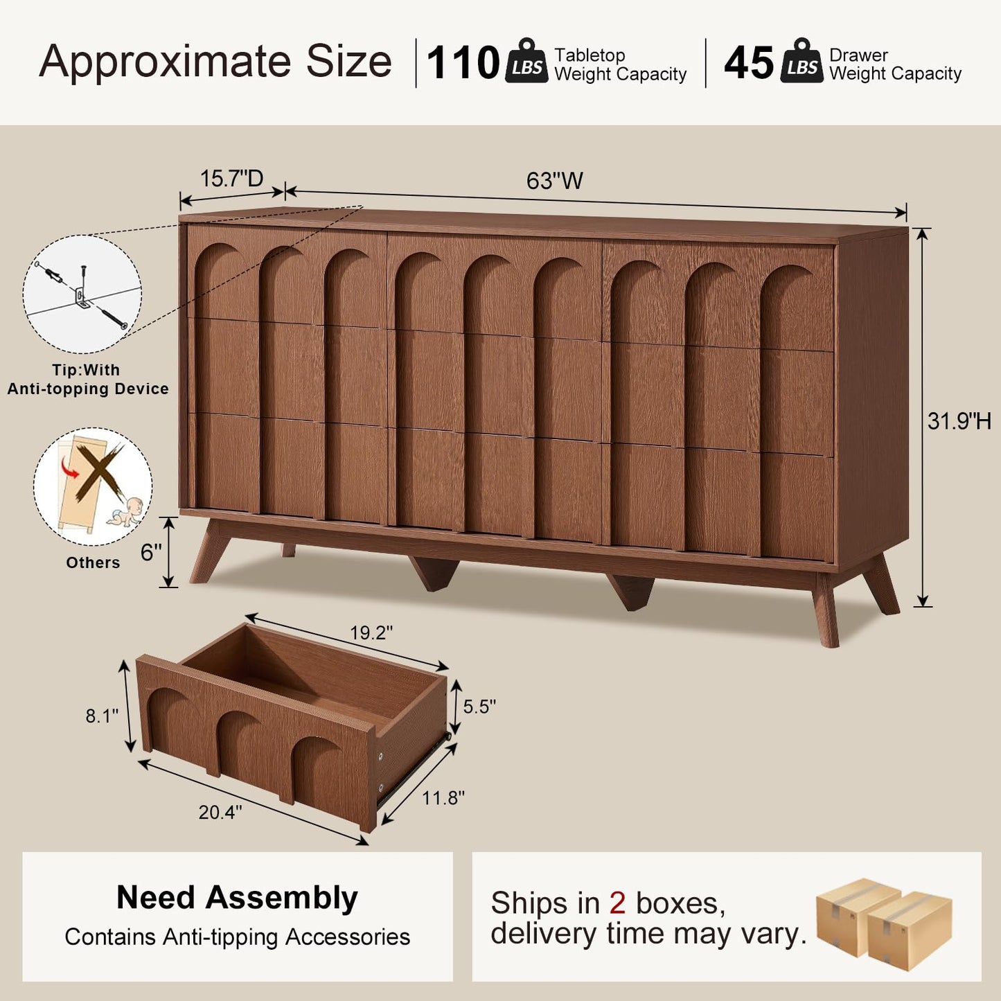 Oak&Sparrow Mid Century Modern Dresser for Bedroom, Walnut 9 Drawer Dresser with Arched Front, 63'' Wide Chest of Drawers Wood Storage Organizer for Living Room