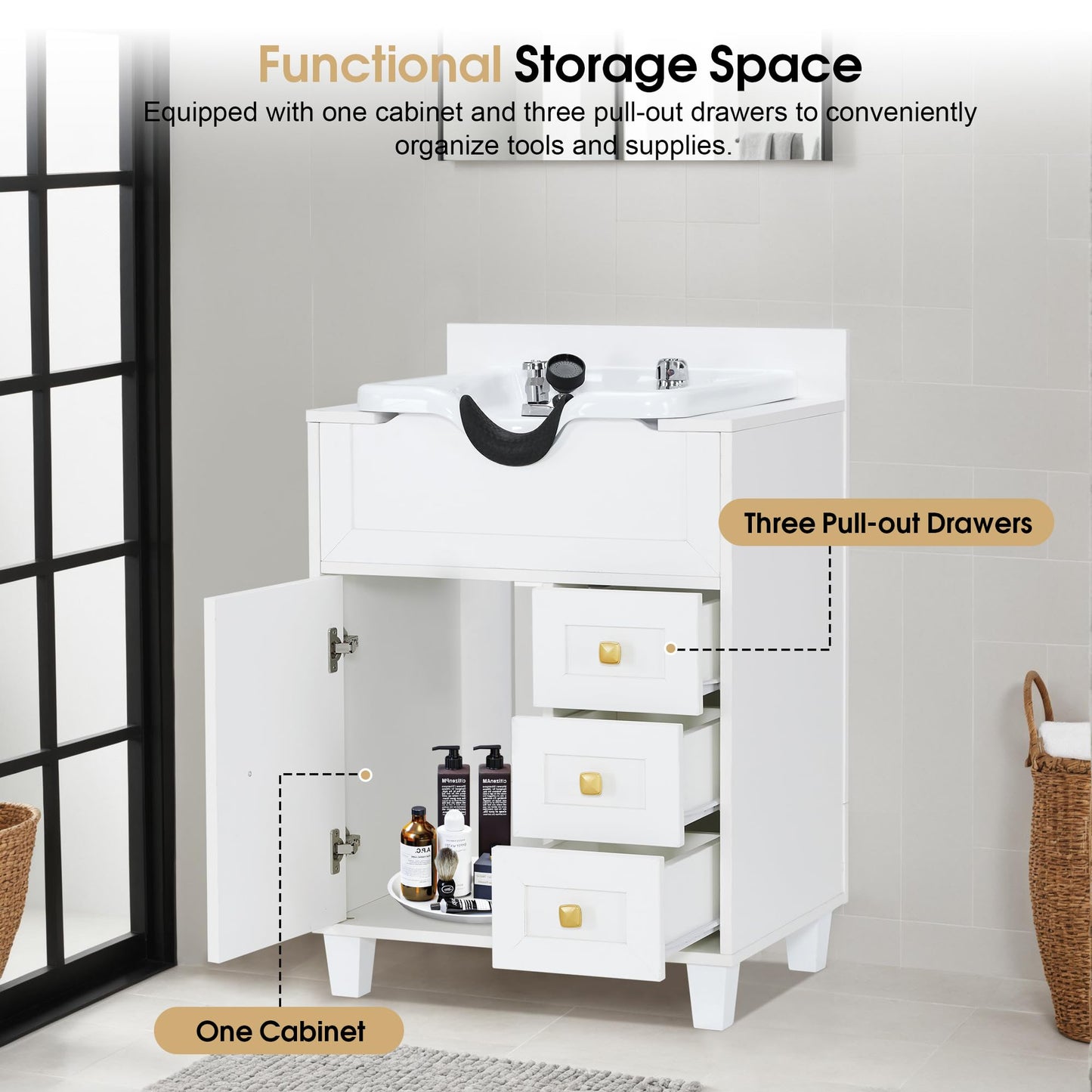 BarberPub Barber Storage Shampoo Station, Spa Textured Embossed Cabinet with Shampoo Bowl & Drawers, Hair Salon Sink Backwash Equipment 7131 (All White)