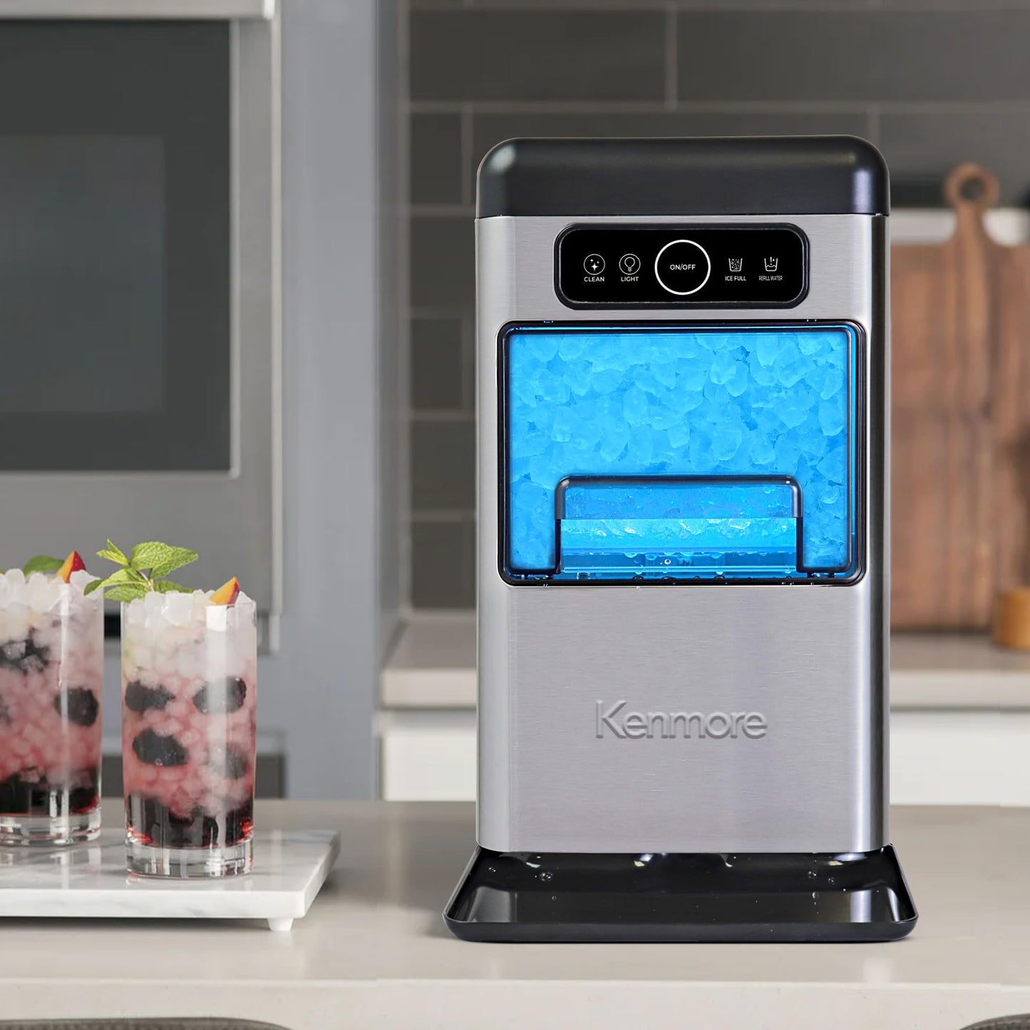 Kenmore Countertop Ice Maker Nugget Machine – Portable Self-Cleaning Máquina de Hacer Hielo para Casa, Crunchy Chewable Pebble Ice, 40lb/24hr Capacity, Stainless Steel