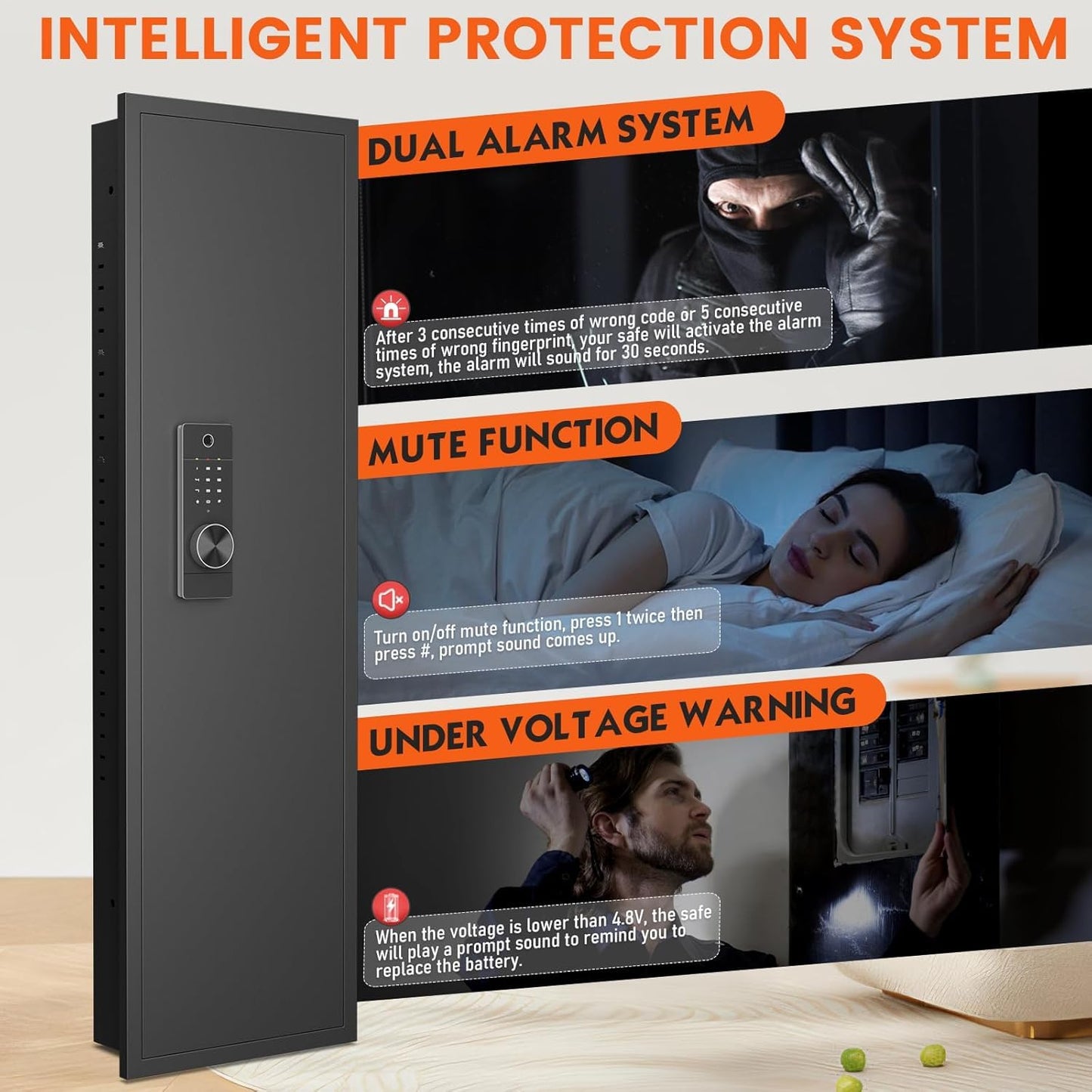 53" Tall Hidden Wall Safe with Fingerprint Lock - Fireproof & Waterproof, Dual Alarm System, 3 Adjustable Shelves, Magnetic Slot & Key Hooks - Modern Black Steel Construction