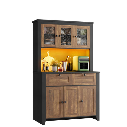 Pantry Cabinet with Charging Station, Farmhouse Kitchen Pantry Storage Cabinet with Countertop, Large Kitchen Hutch with Storage Drawers and Adjustable Shelves & Water Ripple Design for Dining Room,