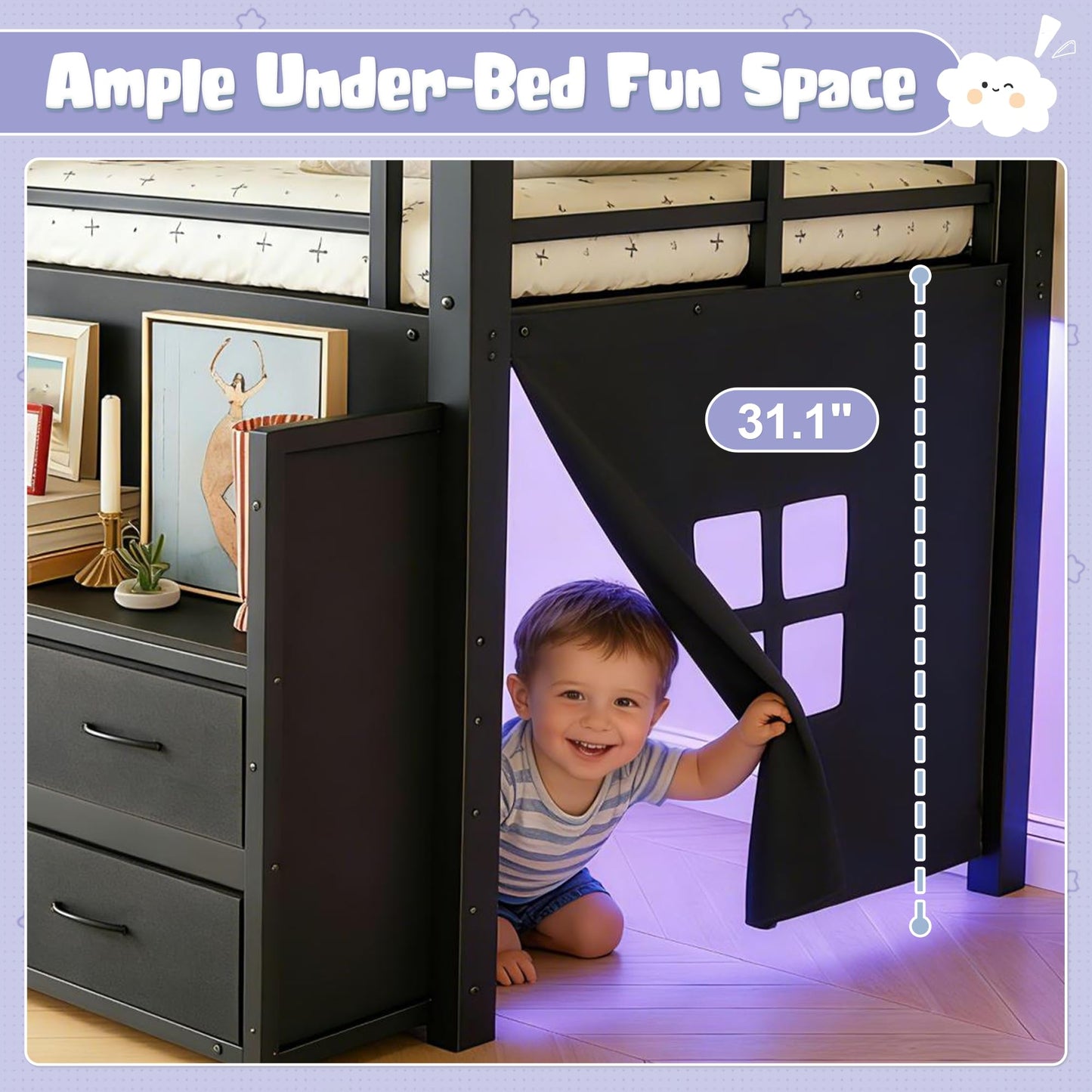 Bellemave Low Loft Bed Full Size with Storage Shelves & Fabric Drawers, Metal Full Loft Bed for Kids with LED Lights & Under-Bed Play Area, Low Loft Bed Frame for Bedroom, No Box Spring Needed, Black