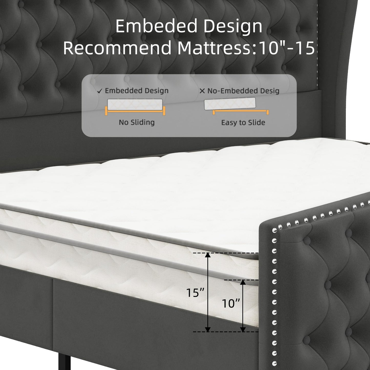 BRELTAM Upholstered King Size Bed Frame Velvet Tufted Bed Frame with Wingback Headboard & Footboard, with Deep Button Tufted & Nailhead Wooden Slats Support, No Box Spring Needed,Grey