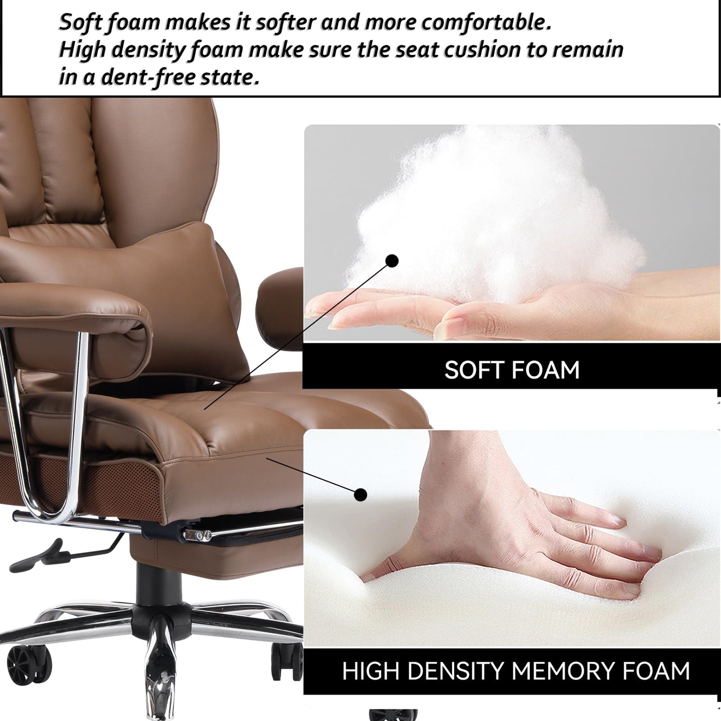 Efomao Big and Tall Office Chair 400lbs – High Back Executive Chair with Swivel Base, PU Leather Upholstery, Lumbar Pillow, Padded Armrests, and Rolling Wheels，Brown Computer Chair