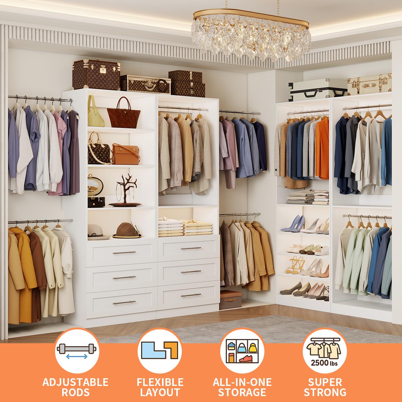 Closet System with 4 Sets, 8–21 FT Closet System with 6 Drawers, 9 Shelves & 8 Hanging Rods, Heavy Duty Closet Organizer System for Walk in Closets, Modular Custom Wood Closet Kit, White