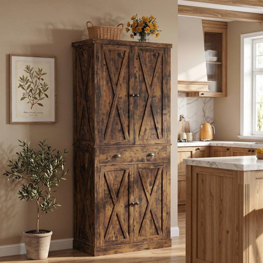 IRONCK 72.6" H Farmhouse Kitchen Pantry with Drawer, Vintage Brown
