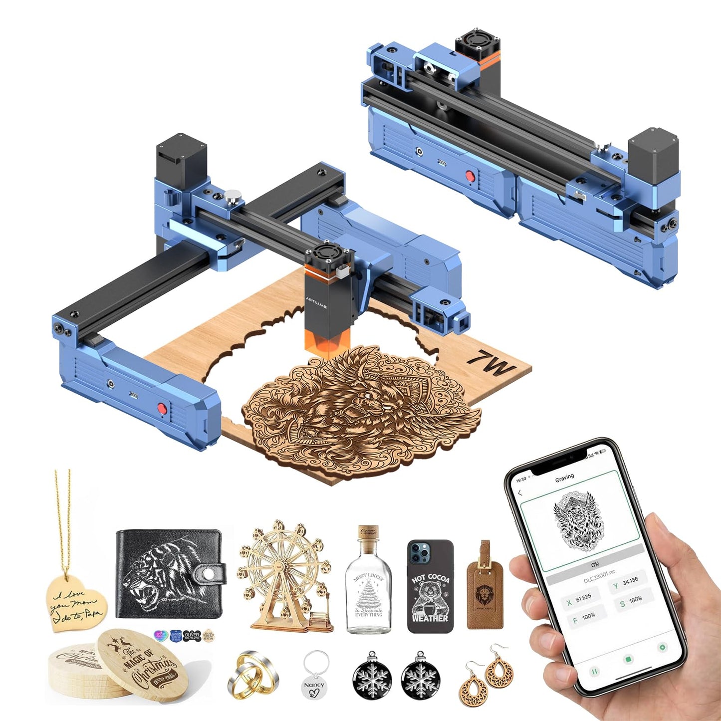 Artilume Laser Engraver 7000mW APP-Control-Foldable Design Laser Engraver and Cutter Machine 200 * 150mm Working Area Portable Engraver for Wood Leather Acrylic Best for Beginners Small Business (T1)