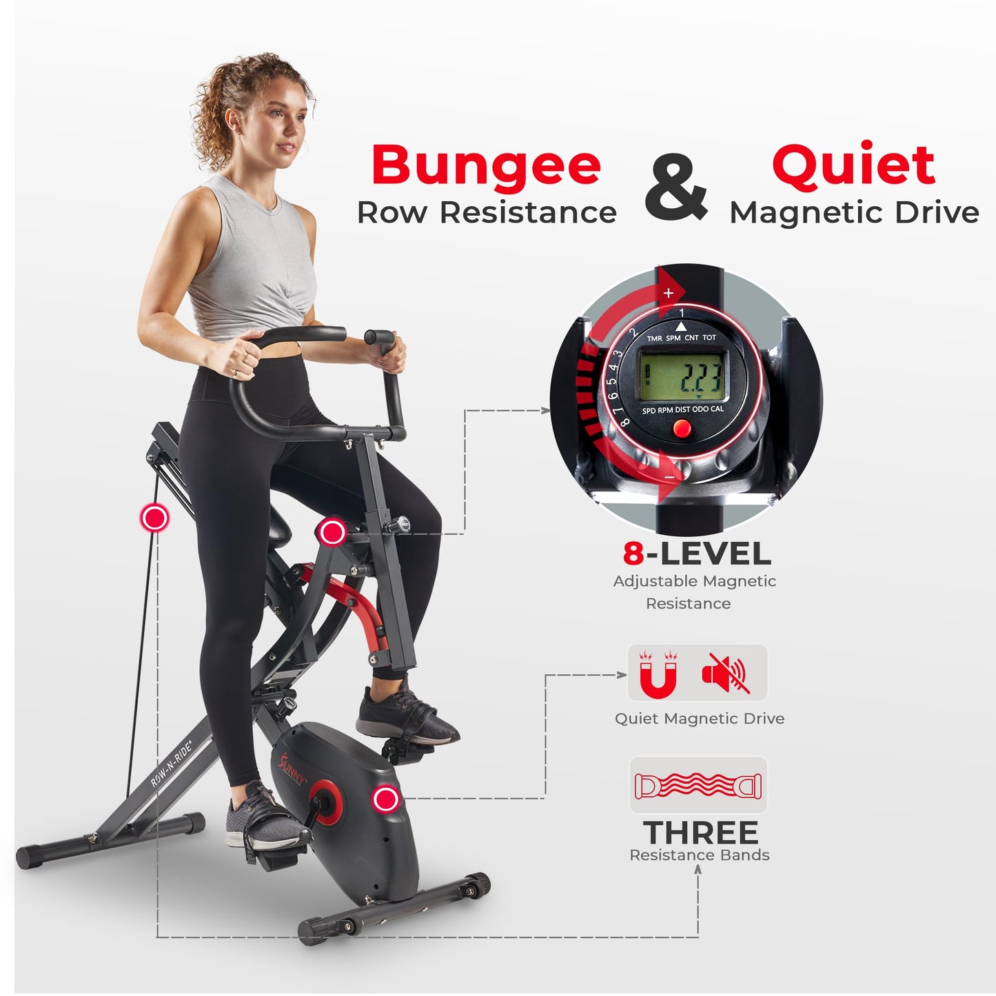 Sunny Health & Fitness Upright Bike + Row-N-Ride Dual Function Home Rower Squat Machine & Stationary Cycling Full Body Combo Cardio Ab Machine for Stomach Workout Fitness Machine - SF-A022077
