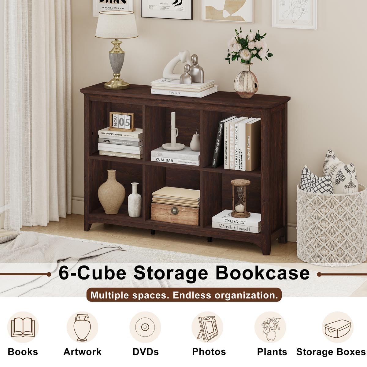 BON AUGURE 6 Cube Storage Organizer Book Shelf, Horizontal Bookshelf with Round Corners, Rustic Low Wooden Bookcase for Living Room, Bedroom, Office - Brown Cherry, 43" Wide