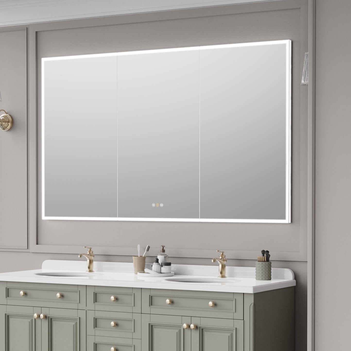 tunuo Recessed Medicine Cabinets for Bathroom with Mirror, Only Recessed Medicine Cabinet with Defogger, Dimmer, Outlets & USB, Three Doors