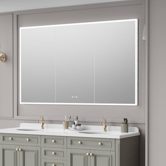 tunuo Recessed Medicine Cabinets for Bathroom with Mirror, Only Recessed Medicine Cabinet with Defogger, Dimmer, Outlets & USB, Three Doors