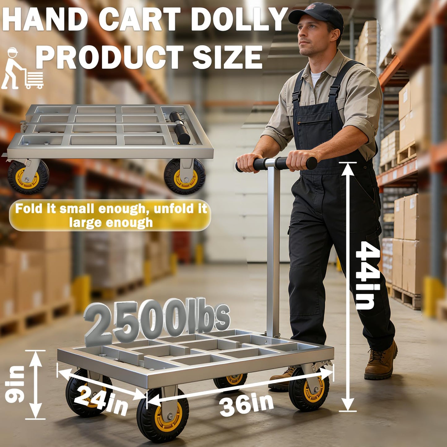 Heavy Duty Push Cart Dolly, 36 x 24in Platform Truck Flat Cart Hand Trucks, 2500lbs, Thickened Steel Pipe Integral Molding, 6" Swivel Brake Casters, Effort-Saving Design
