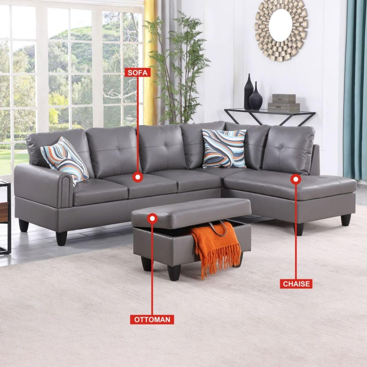 UOCFYK Dark Grey L-Shaped 3-Piece Faux Leather Sofa with Storage Ottoman Set, Sectional Couch Sofa Set for Living Room, Office, Small Space