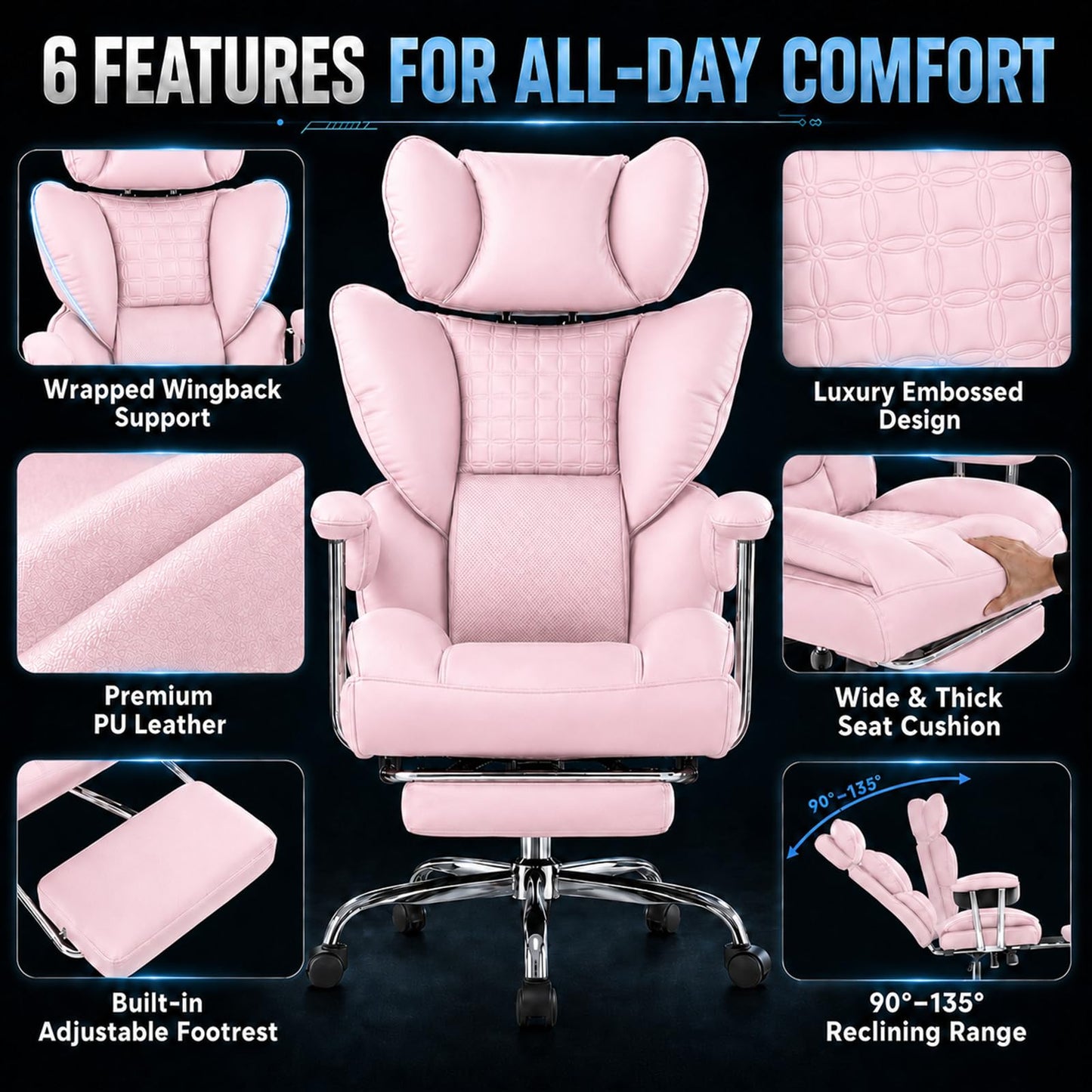 Big and Tall Office Chair 350 LBS, Scratch-Resistant PU Leather Executive Office Desk Chair with Footrest, Ergonomic Reclining Computer Chair with Pocket Spring Support for Home Office, Pink