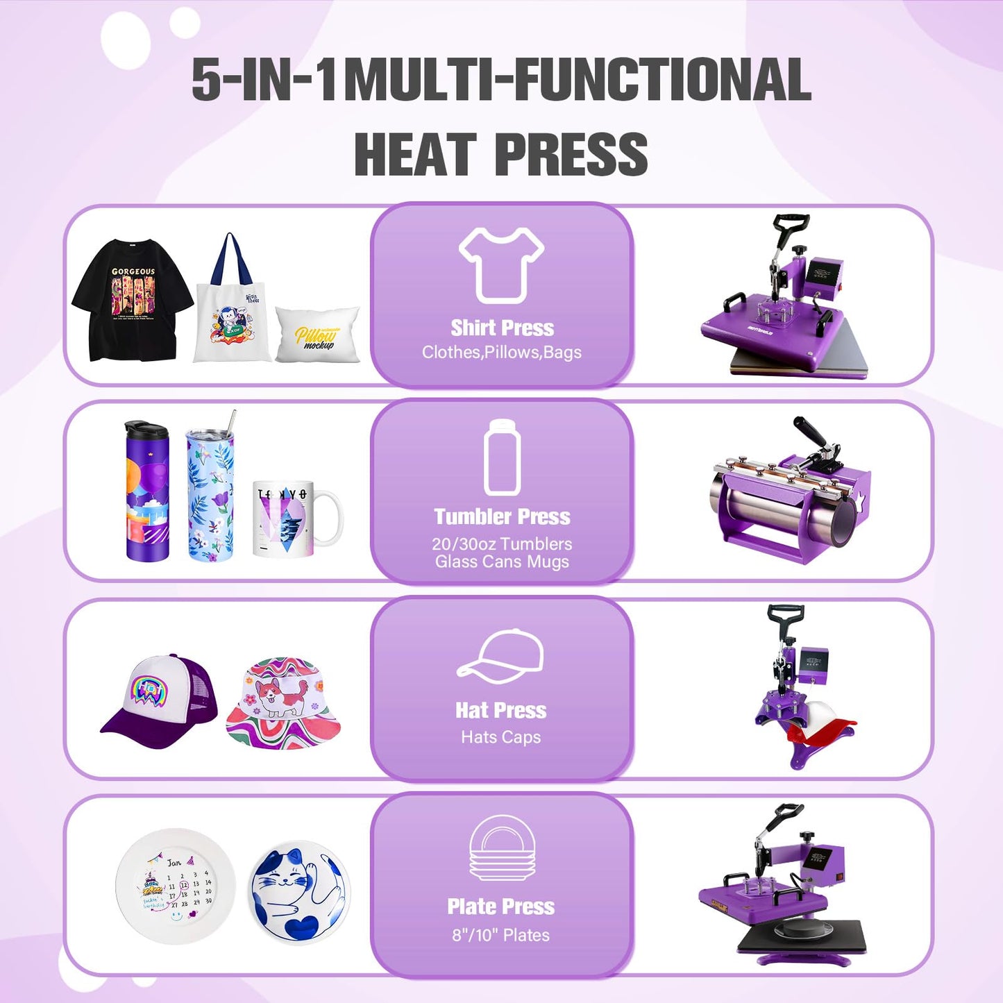 BetterSub 5 in 1 Heat Press Machine 12x15 inch, Industrial-Quality Sublimation Press with 30oz Tumbler Attachment & Curved Hat Plate, 360° Swivel Design for T-Shirts, Vinyl, DTF Film - Purple