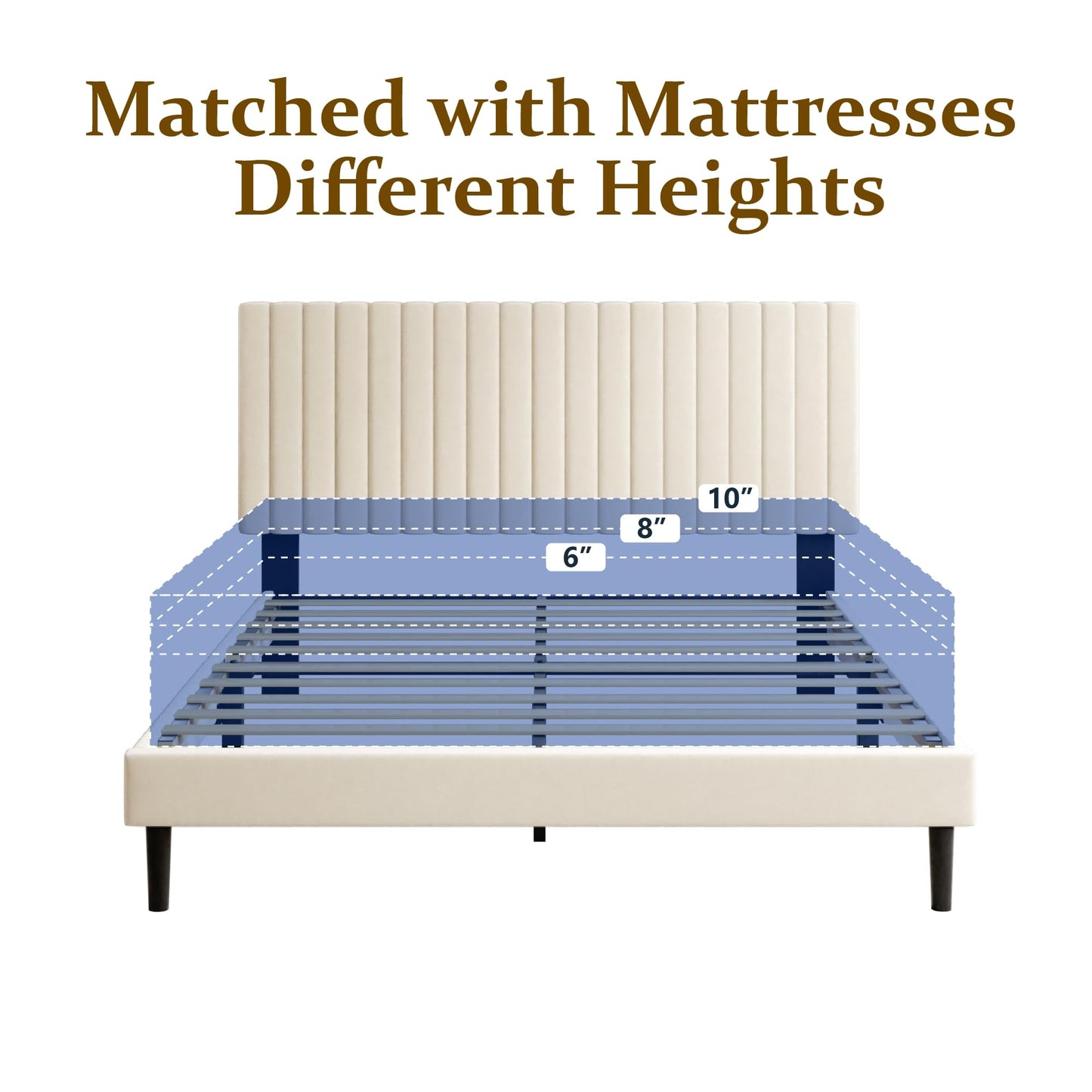 Sismplly Queen Size Bed Frame with Velvet Upholstered Headboard, Platform Bed with Strong Wood Slats, Mattress Foundation, Box Spring Optional, Easy Assembly, Beige