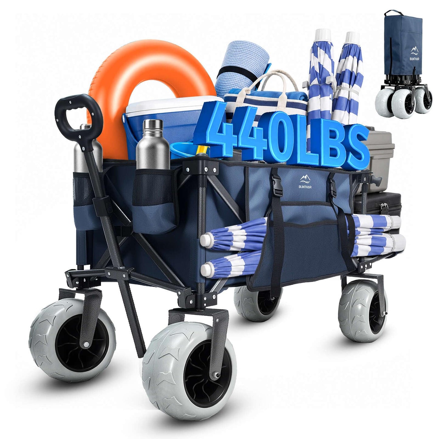Heavy Duty Beach Wagon with 9" Big Sand-Proof Wheels, Extended Tailgate Design, 440lbs Folding Wagon Cart, 41" Utility Wagon with Side Bag, Adjustable Handle for Sand, Outdoor