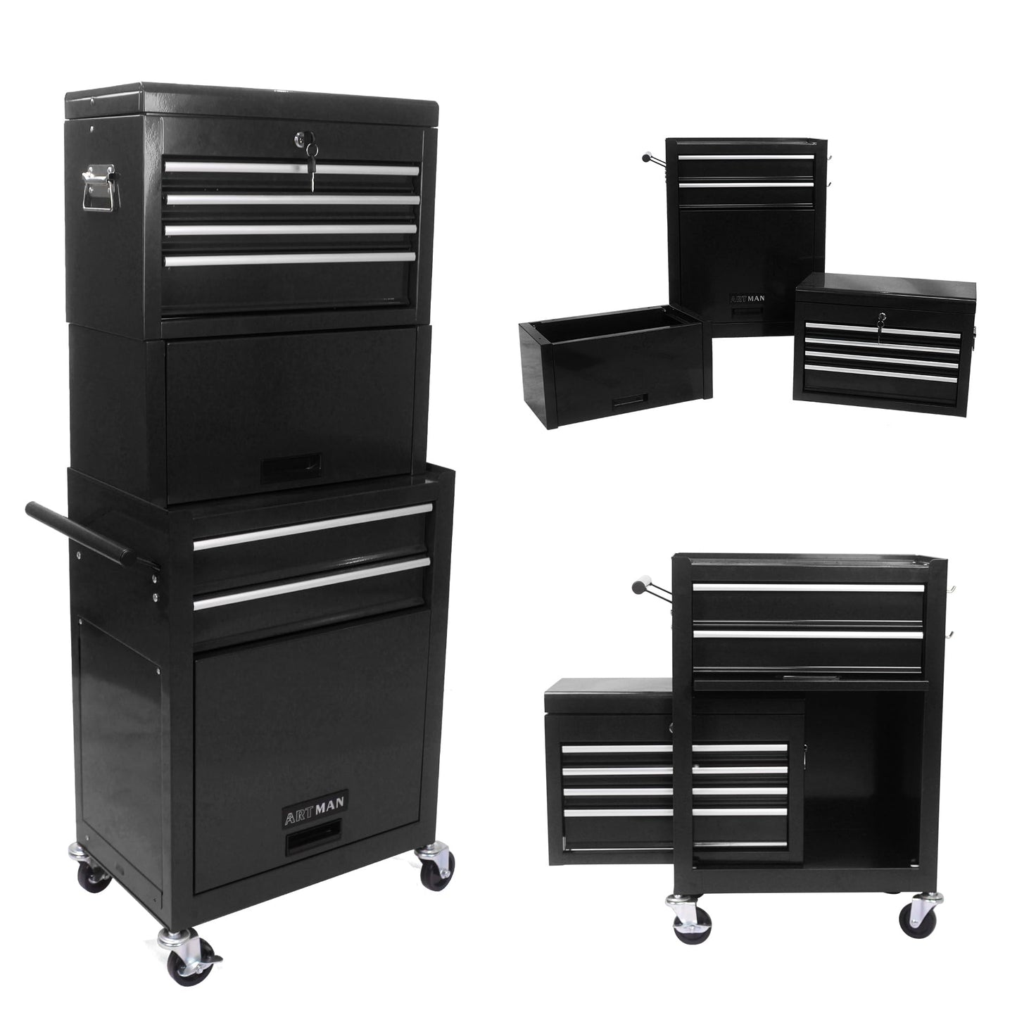 GDFStudio 20.87" Detachable 6-Drawer Rolling Tool Chest with Bottom Cabinet, Lockable Metal Tool Cabinet with Wheels, Hanging Panel, Side Handles, Garage Workshop Storage Cart, Black