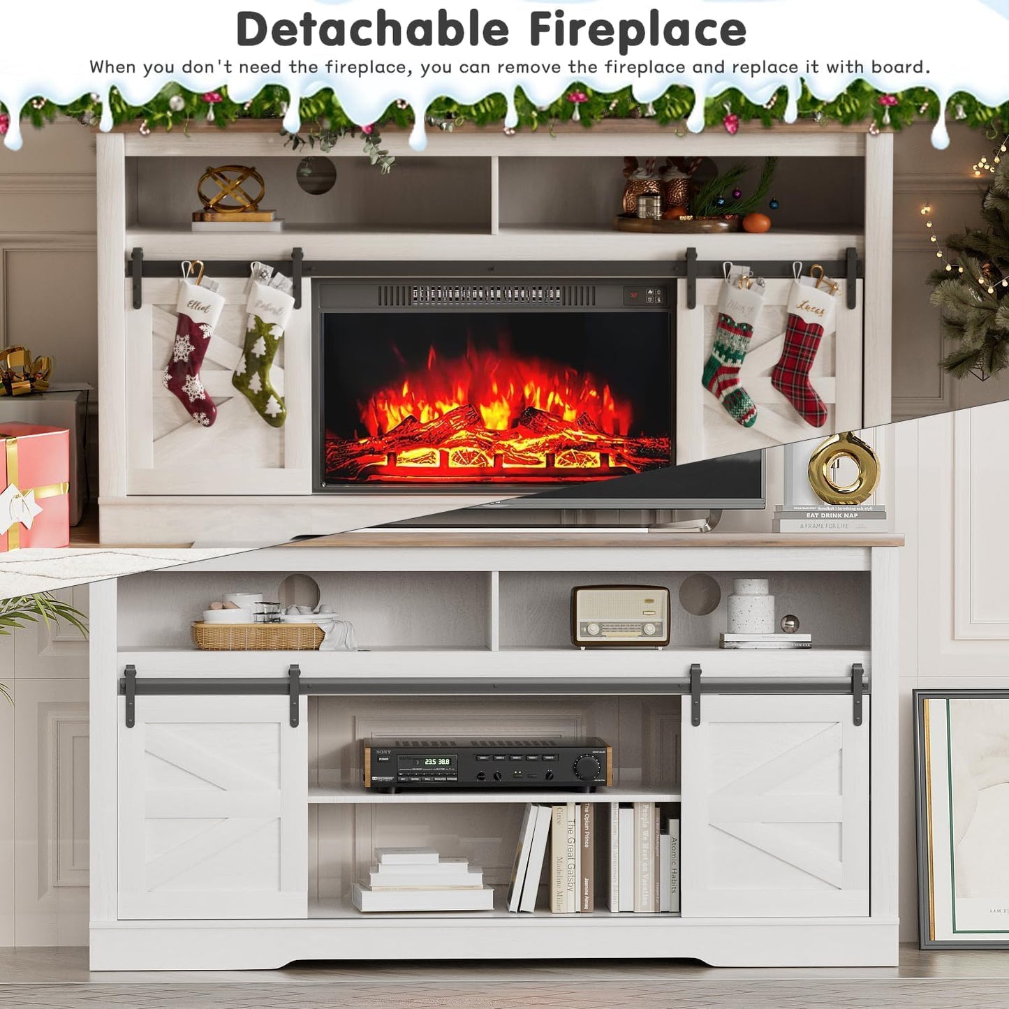 YESHOMY Fireplace TV Stand for Television up to 65+ Inch with Storage and Farmhouse Sliding Barn Doors, Entertainment Center with Cabinet and Shelves, Media Console for Living Room,Milk White