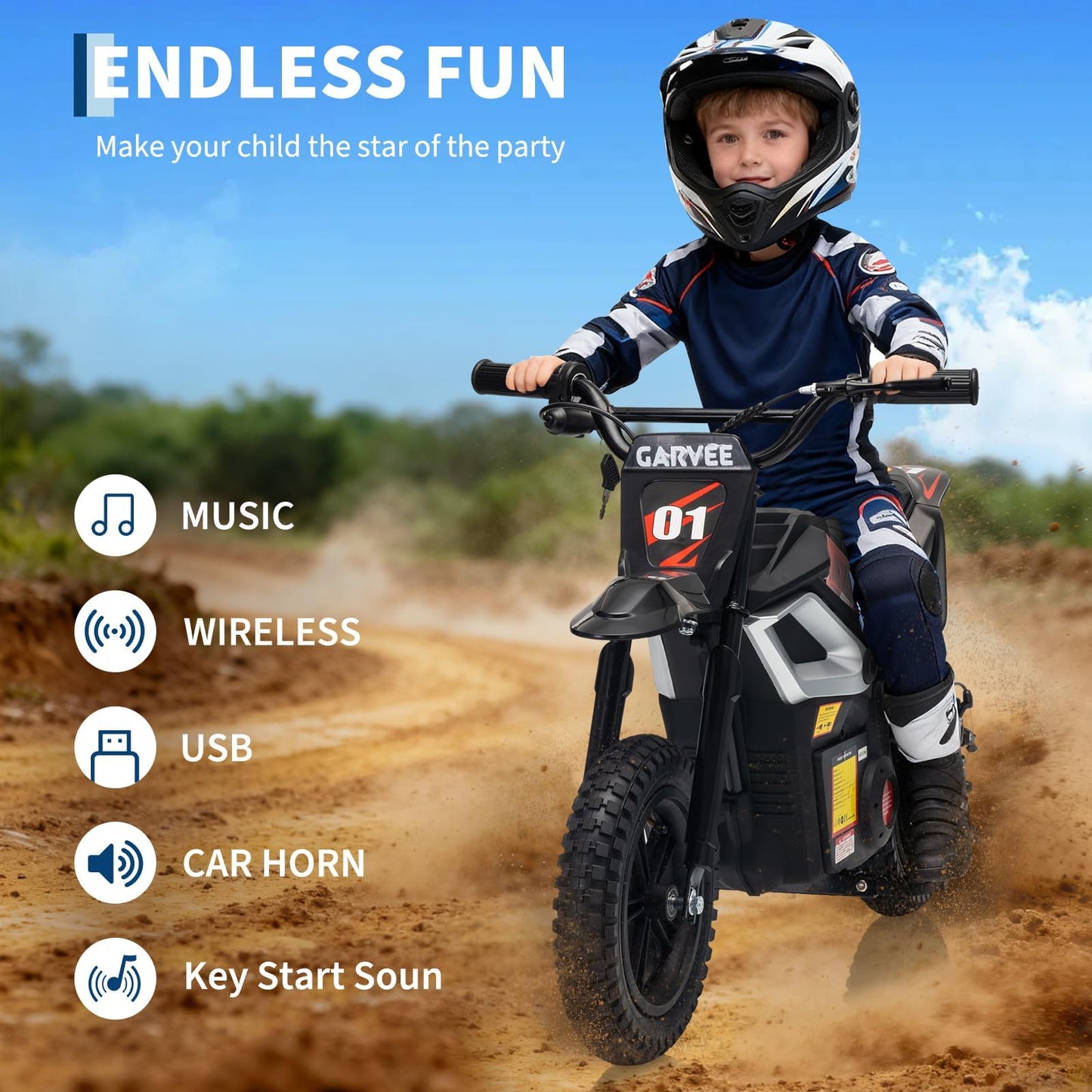 Garvee 24V Kids Electric Dirt Bike - 350w Kids Motorcycle, 13.67 Mph Max Speed Electric Bike for Kid, Rear Wheel Suspension, 12 Miles Range, Twist Grip Throttle, Rubber Tire, Black