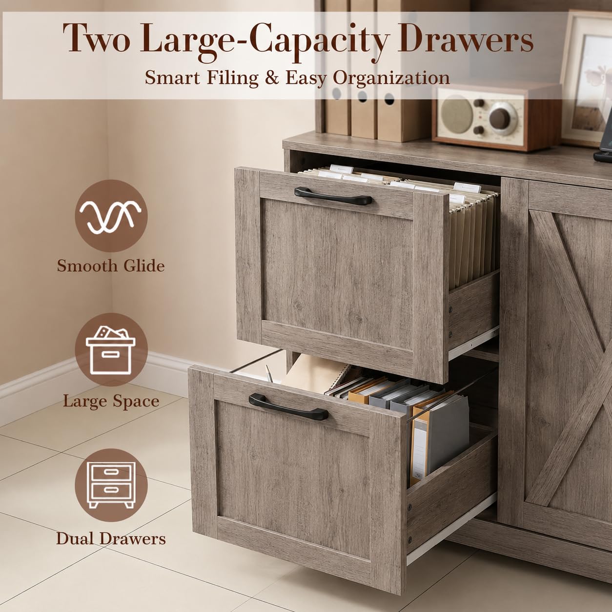 NORTHSKY 72" Tall Bookshelf with Drawers & Doors, Bookcase with Power Outlet and File Cabinet, Office Bookshelf with 2 File Drawers, Open Shelves & Storage Cabinets for Home Office, Greige