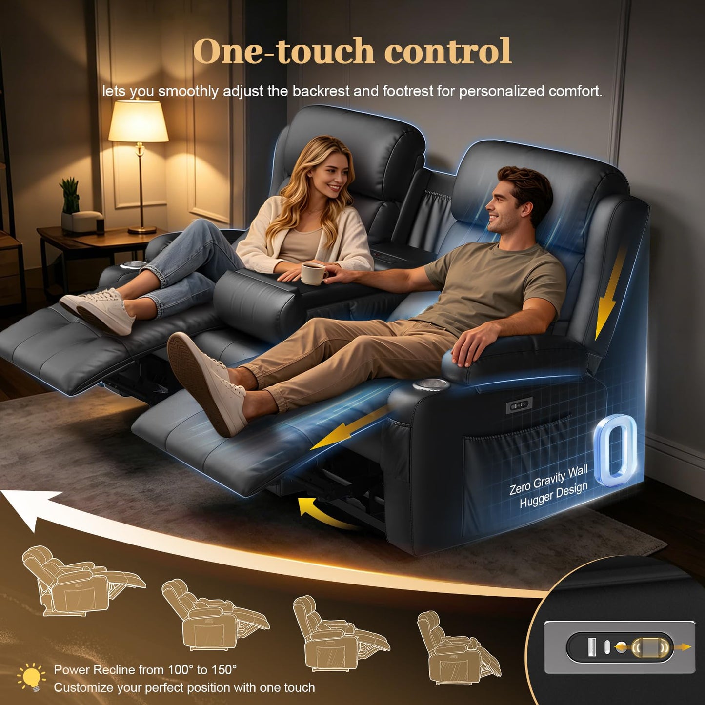 Aotolo Power Reclining Loveseat Sofa with Console, Wall Hugger RV Recliner Couch, Home Theater Seating with Heating & Massage, Bluetooth Speaker, LED Light, USB & Type-C Ports, Storage Armrests