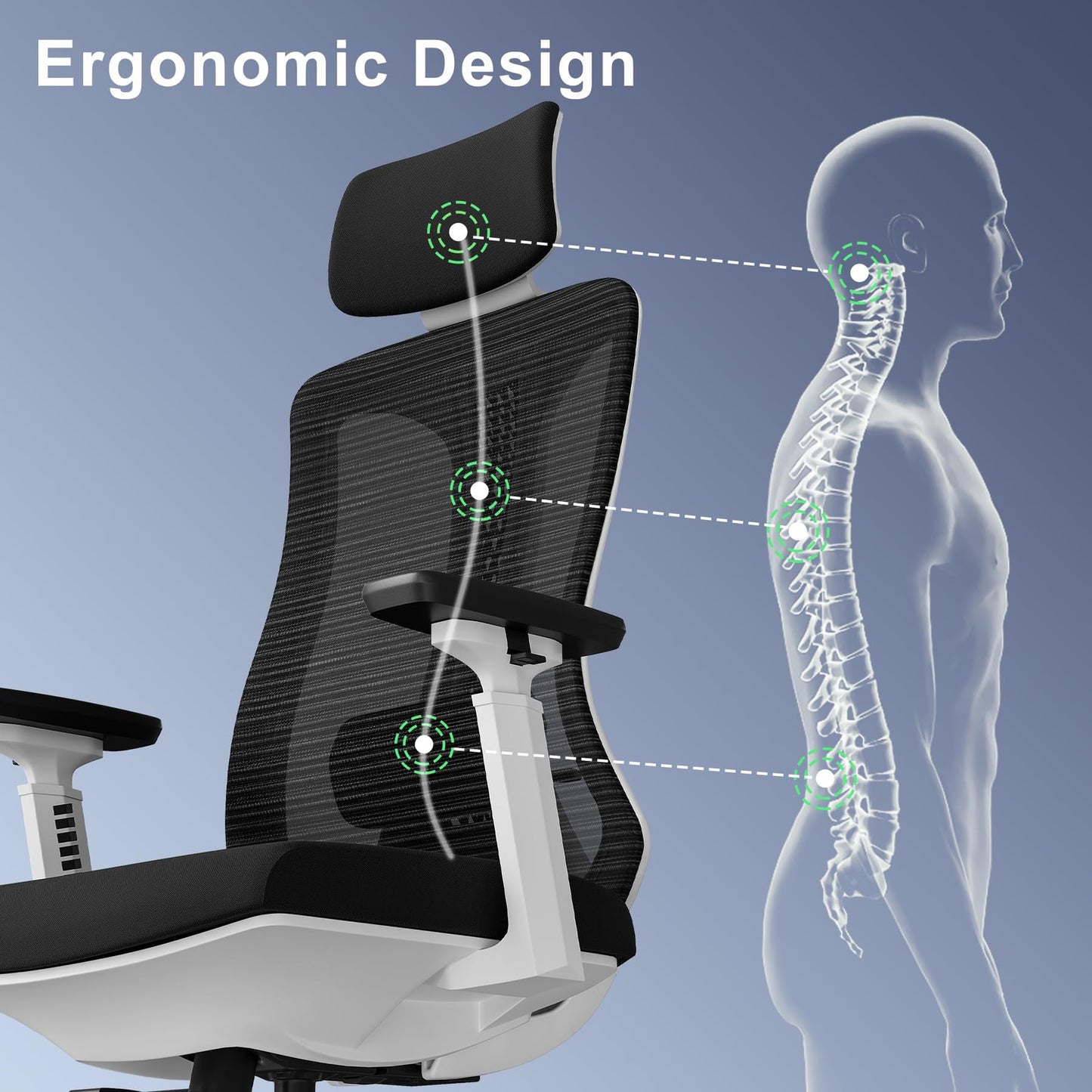 Logicfox Ergonomic Mesh Office Chair, Computer Desk Chair with 3D Armrests, Adjustable Lumbar Cushion and Adjustable Headrest, White High Back Home Office Chair with Tilt Function, Computer Chair
