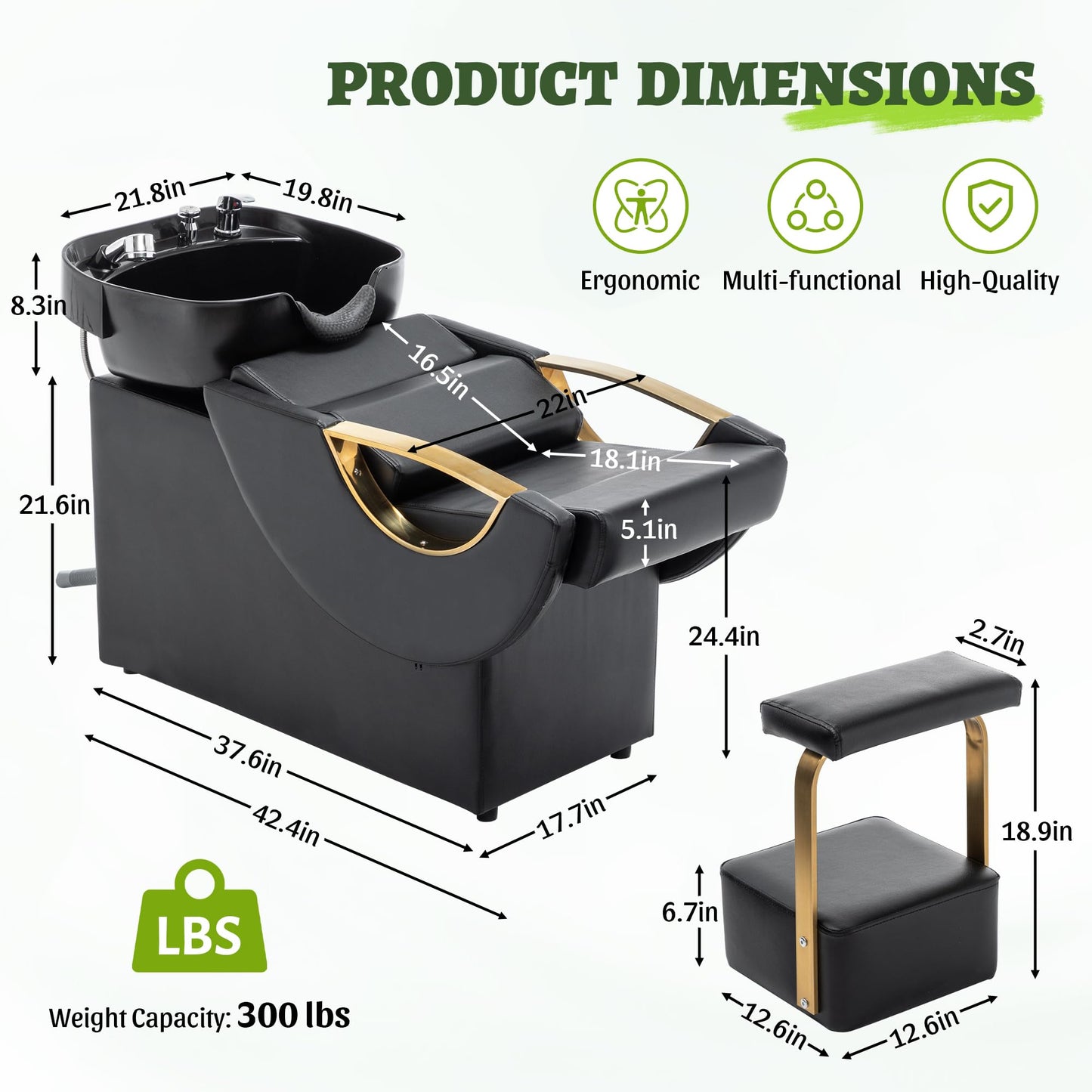 Jaxilyn Professional Shampoo Chair Waterproof PU Leather Salon Hair Washing Unit for Barber Shop & Spa Black