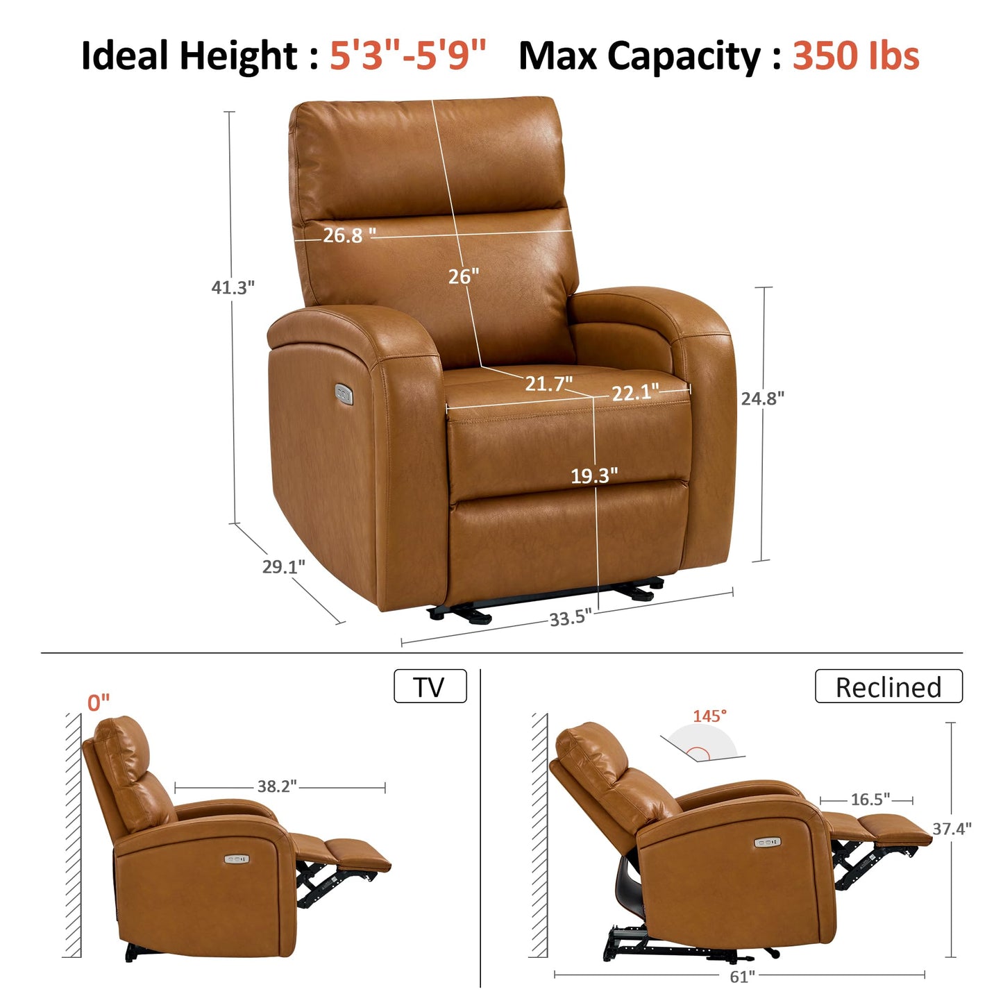MCombo Zero Wall Recliner Chair, Power Wall Hugger Recliner with USB & Type-C Dual Charge Ports for Small Space, Living Room, RV PR644 (Cognac Brown)
