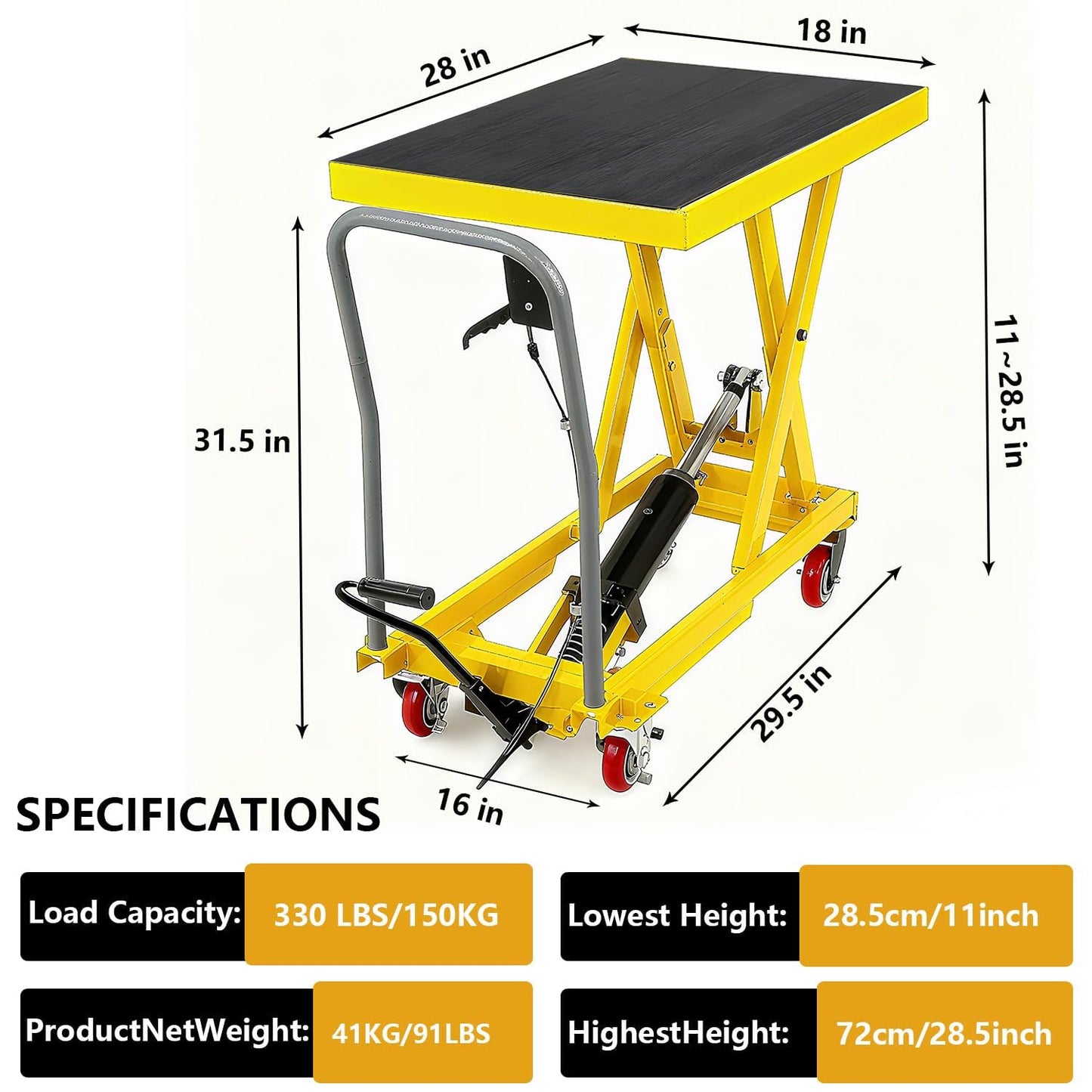 330 Lbs Heavy Duty Hydraulic Scissor Lift Table Cart – Manual Double Scissor Lift, 50" Max Lifting Height, Locking Swivel Casters, Non-Slip Platform, Mobile Material Handling for Warehouse, Garage